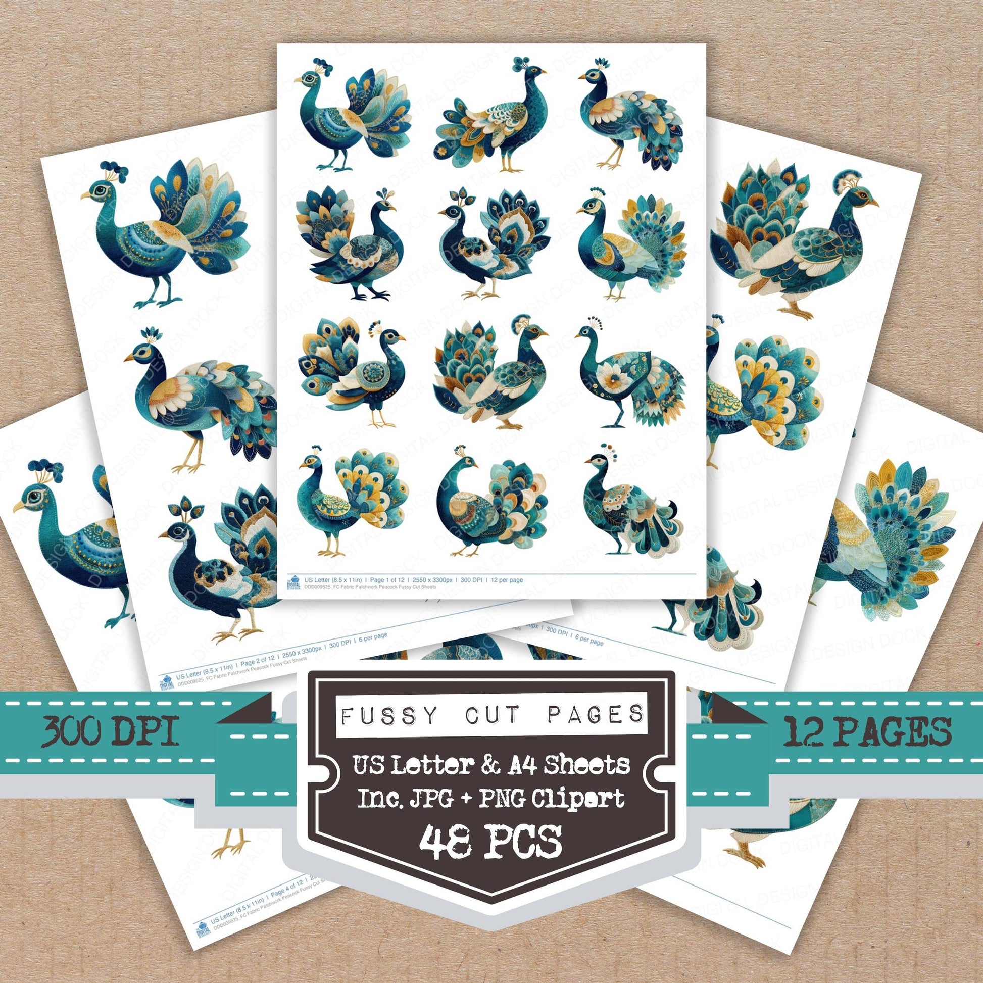 Fabric Patchwork Peacock fussy cut printable sheets for junk journaling, scrapbooking, and paper craft projects