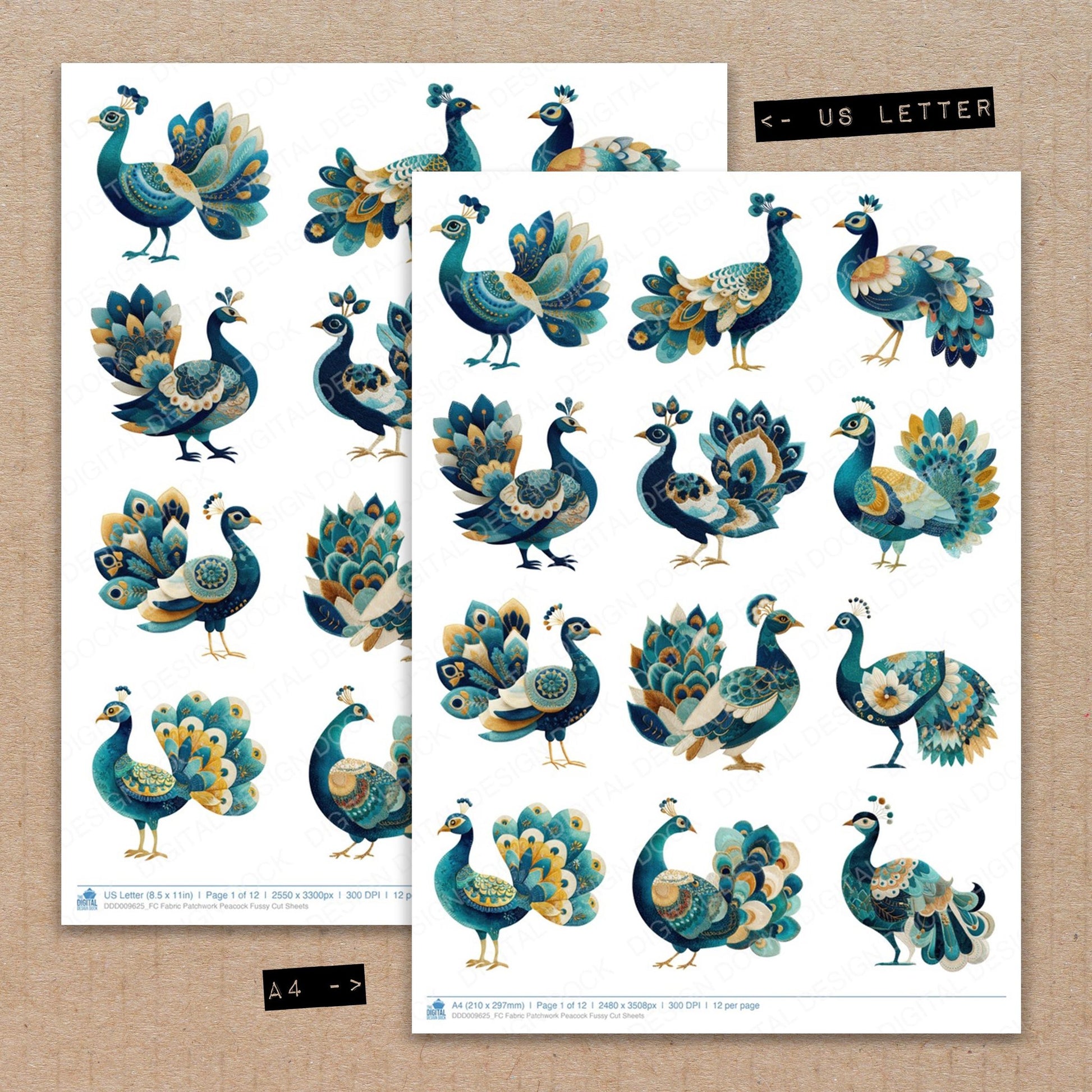 A4 and US Letter format comparison showing Fabric Patchwork Peacock fussy cut pages for print and cut crafting