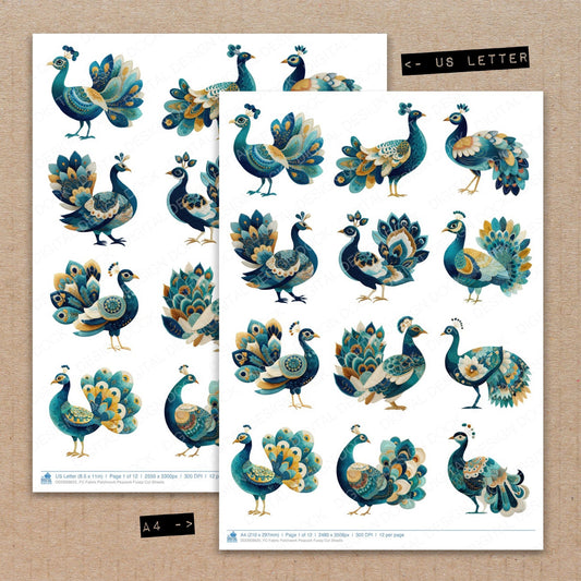 A4 and US Letter format comparison showing Fabric Patchwork Peacock fussy cut pages for print and cut crafting