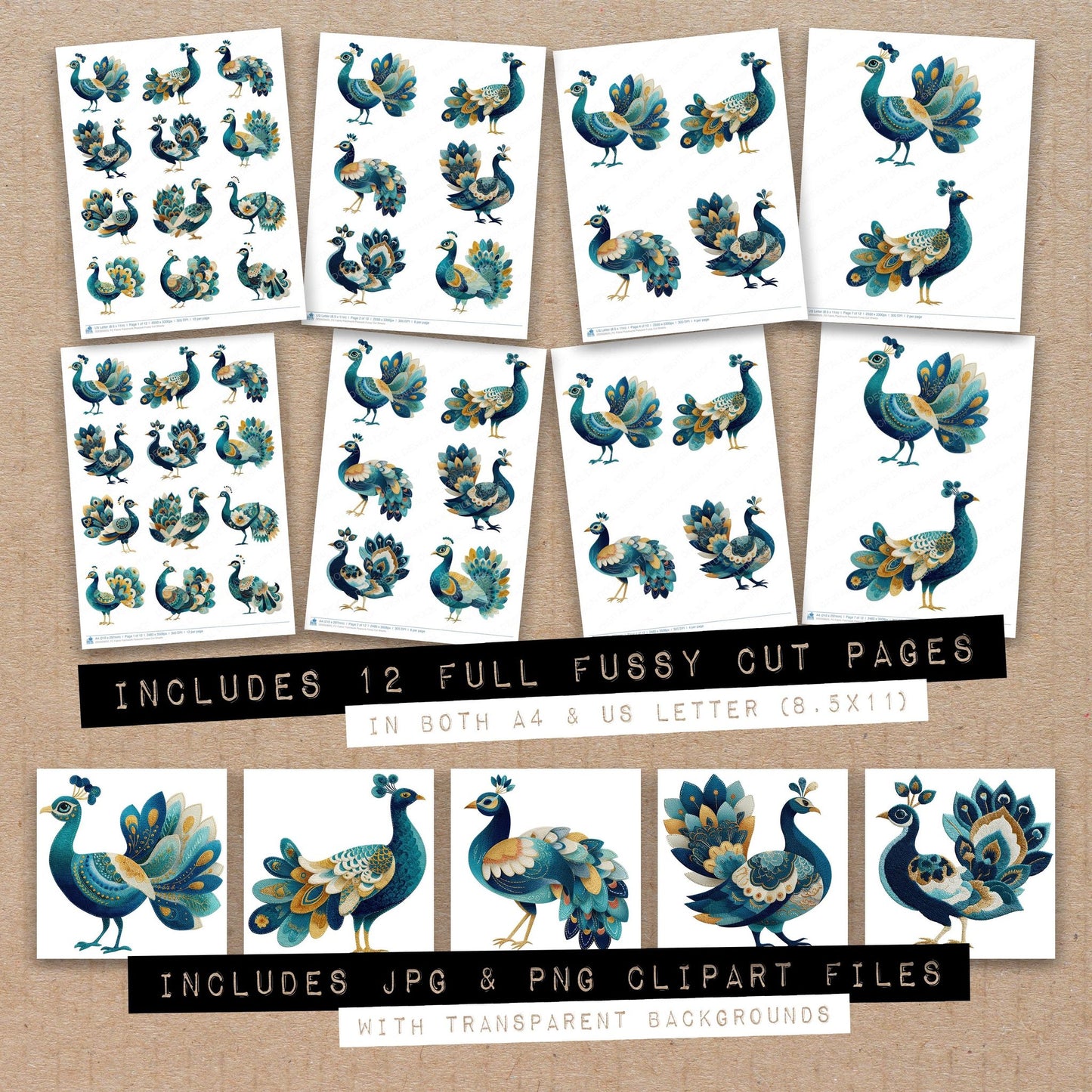 Full collection view of Fabric Patchwork Peacock fussy cut sheets with bonus clipart JPG and PNG files