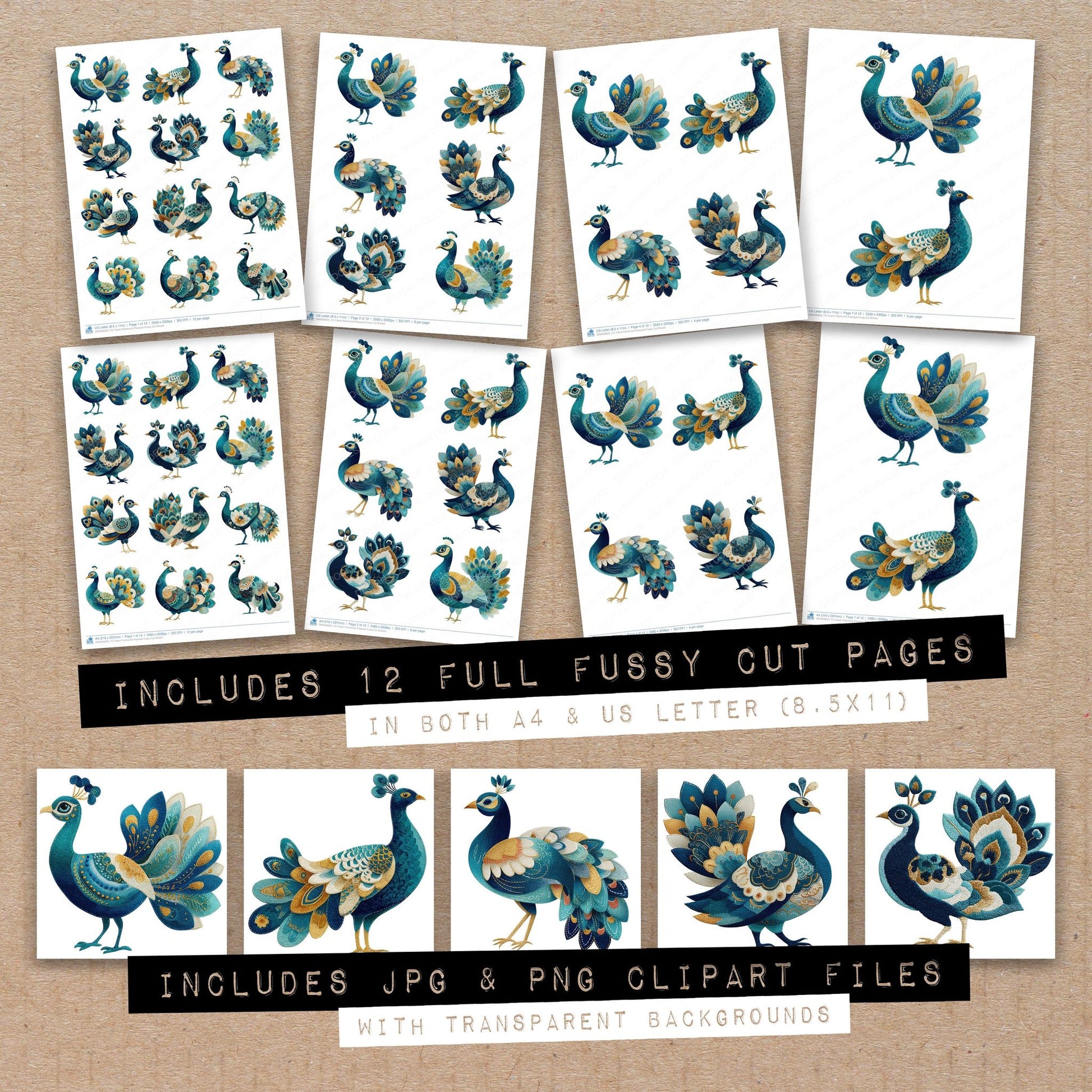 Full collection view of Fabric Patchwork Peacock fussy cut sheets with bonus clipart JPG and PNG files