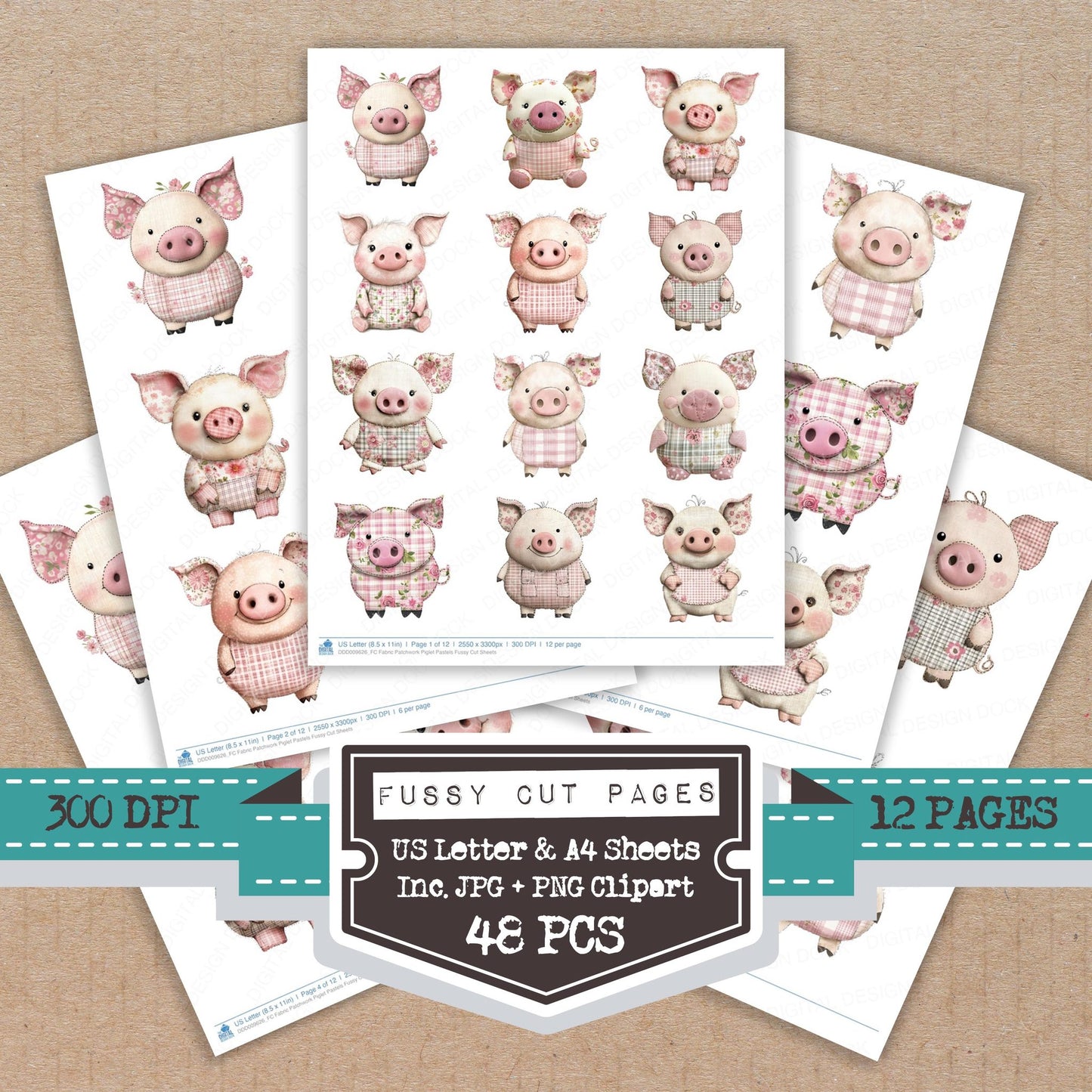 Fabric Patchwork Piglet Pastels fussy cut printable sheets for junk journaling, scrapbooking, and paper craft projects