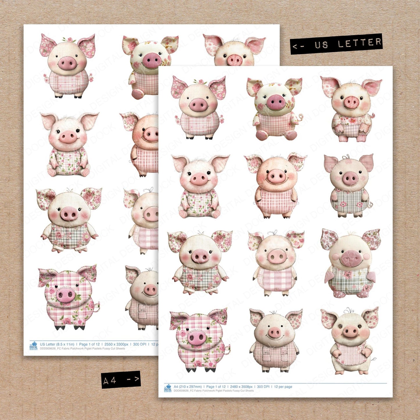 A4 and US Letter format comparison showing Fabric Patchwork Piglet Pastels fussy cut pages for print and cut crafting