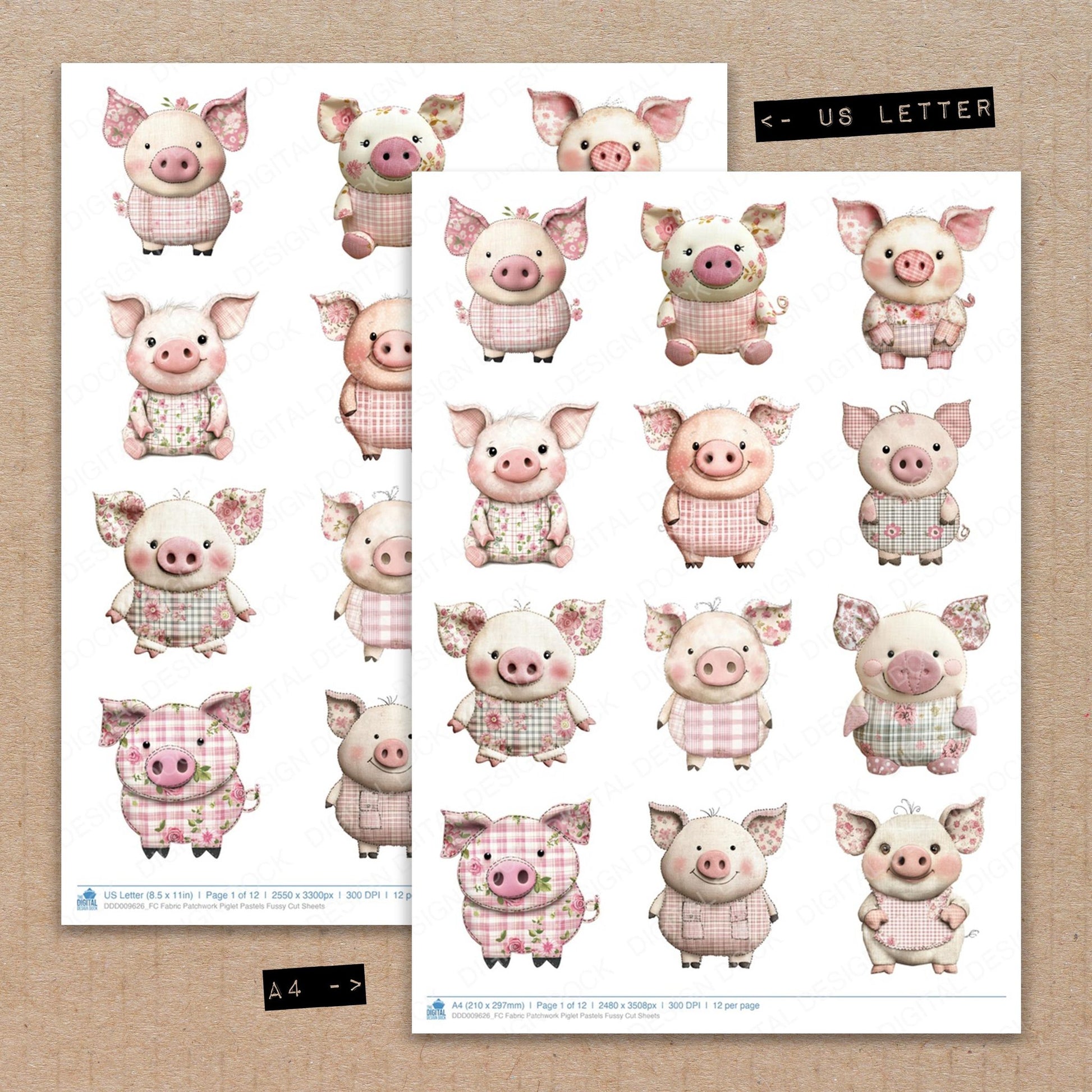 A4 and US Letter format comparison showing Fabric Patchwork Piglet Pastels fussy cut pages for print and cut crafting
