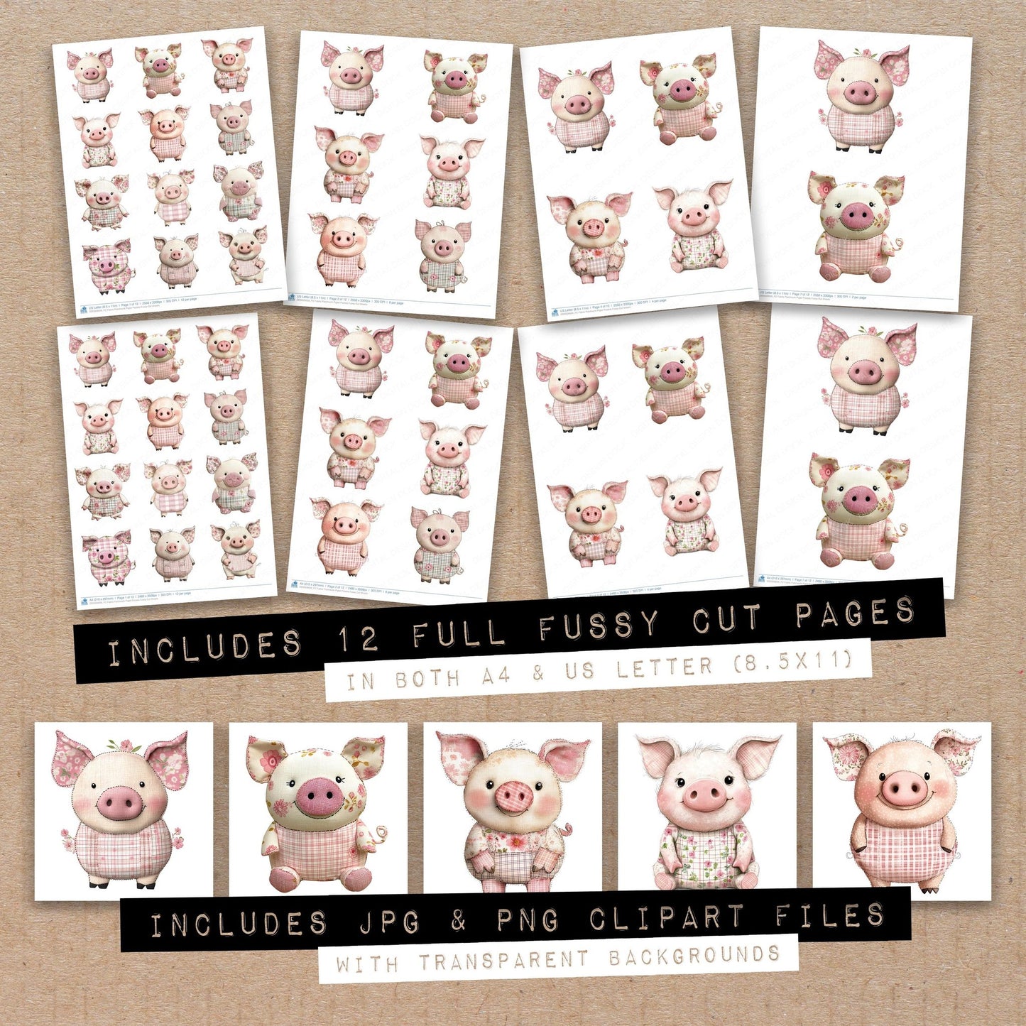 Full collection view of Fabric Patchwork Piglet Pastels fussy cut sheets with bonus clipart JPG and PNG files