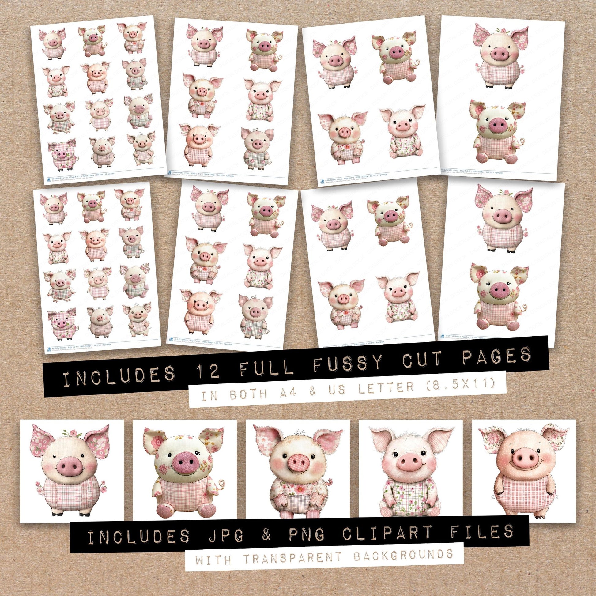 Full collection view of Fabric Patchwork Piglet Pastels fussy cut sheets with bonus clipart JPG and PNG files