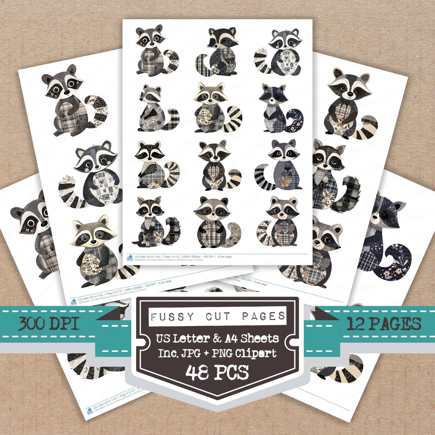 Fabric Patchwork Raccoon with Mask Fussy Cut Sheets (DDD009627)