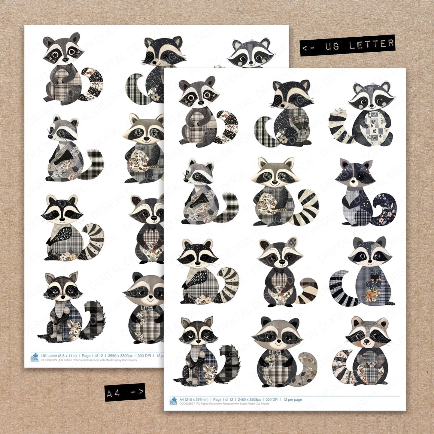 Fabric Patchwork Raccoon with Mask Fussy Cut Sheets (DDD009627)