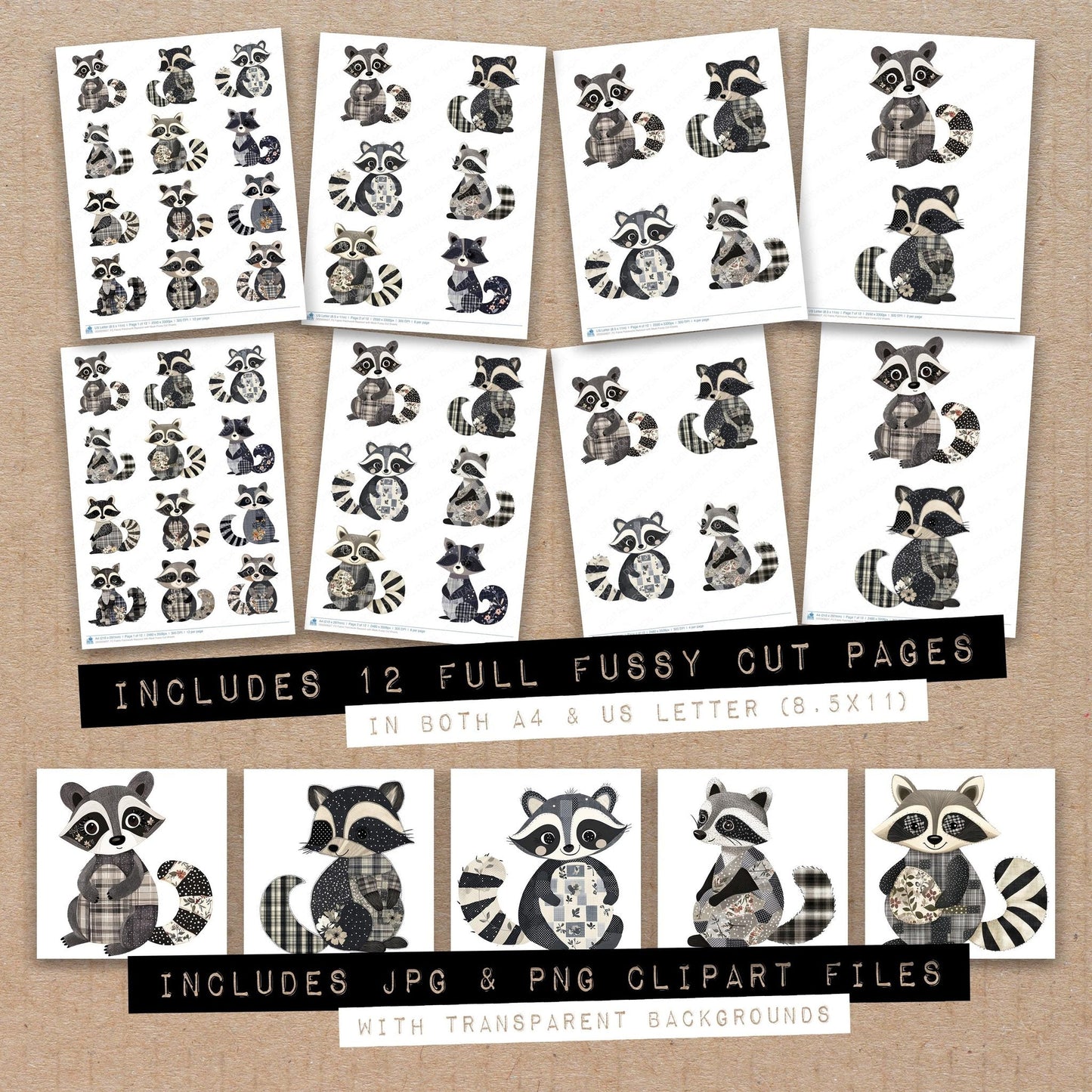 Fabric Patchwork Raccoon with Mask Fussy Cut Sheets (DDD009627)