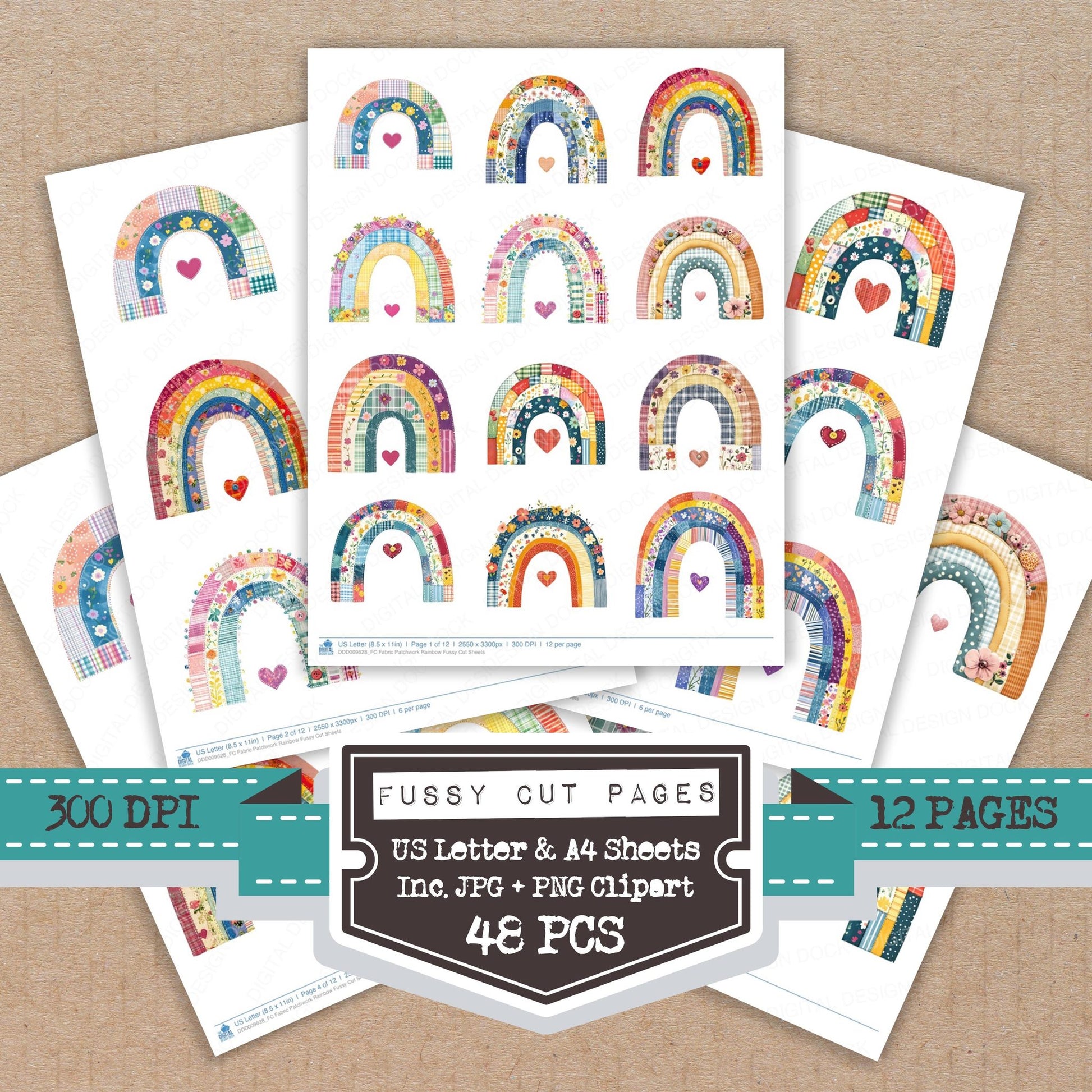Fabric Patchwork Rainbow fussy cut printable sheets for junk journaling, scrapbooking, and paper craft projects