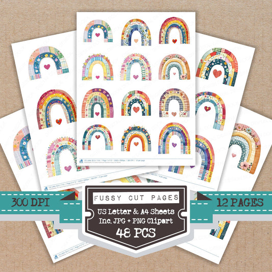 Fabric Patchwork Rainbow fussy cut printable sheets for junk journaling, scrapbooking, and paper craft projects