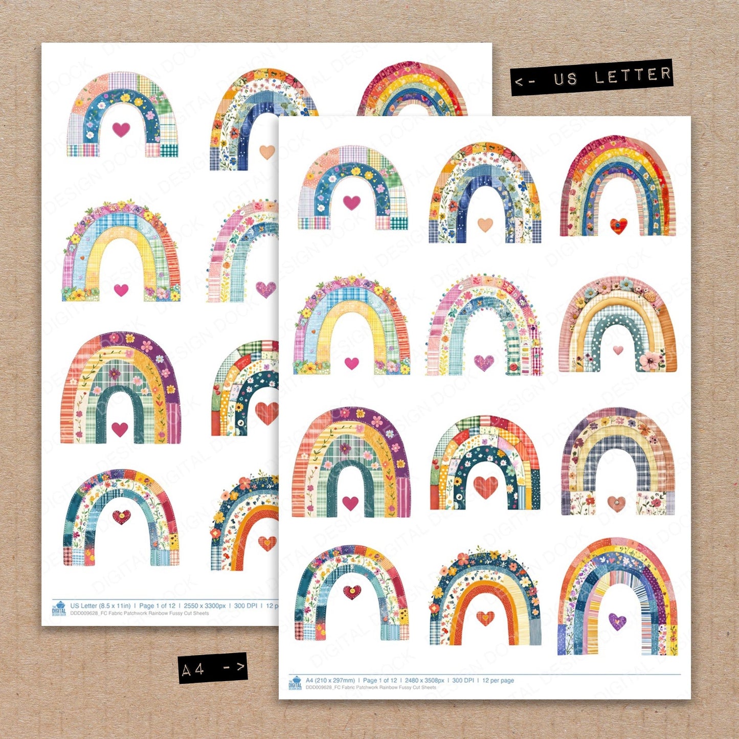 A4 and US Letter format comparison showing Fabric Patchwork Rainbow fussy cut pages for print and cut crafting