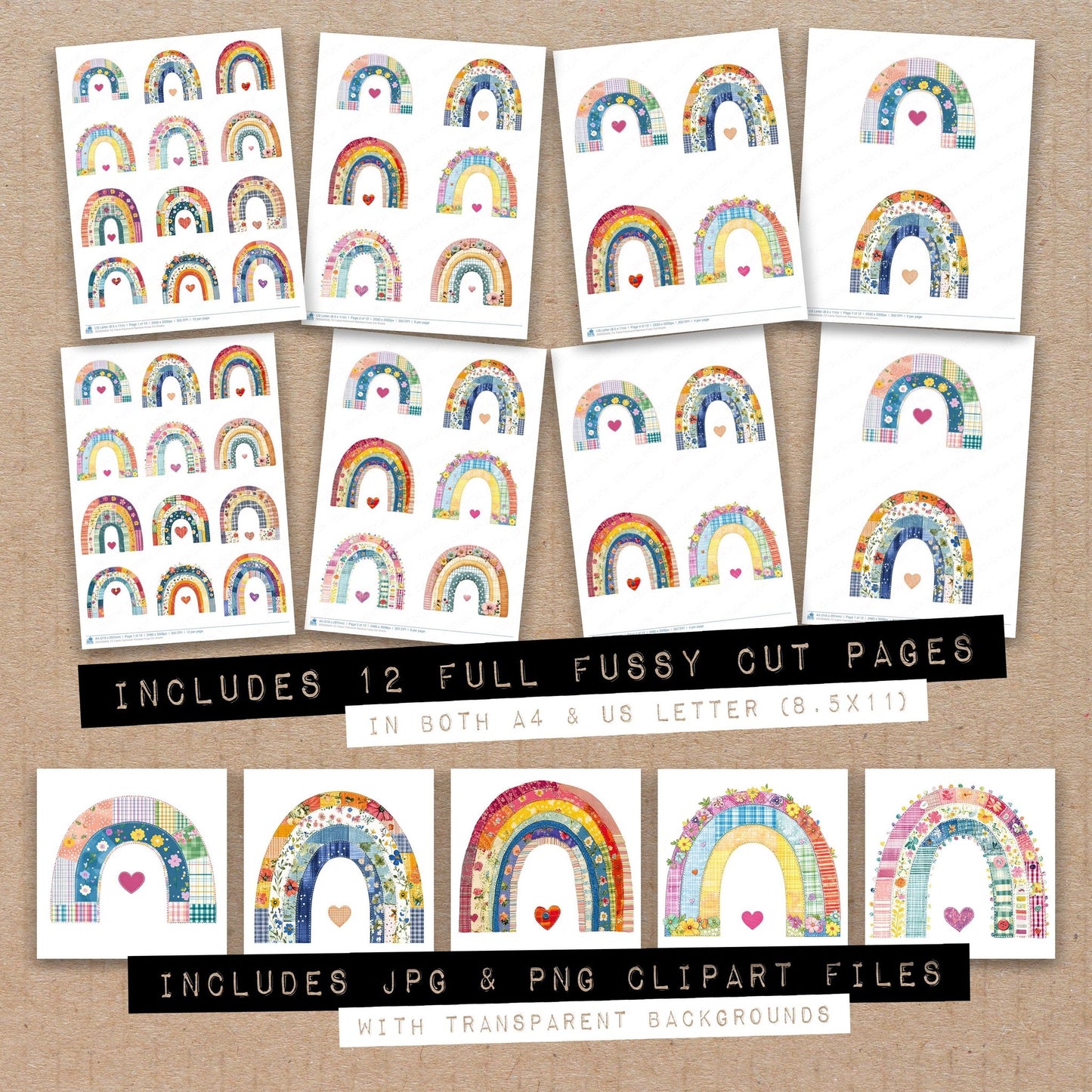 Full collection view of Fabric Patchwork Rainbow fussy cut sheets with bonus clipart JPG and PNG files