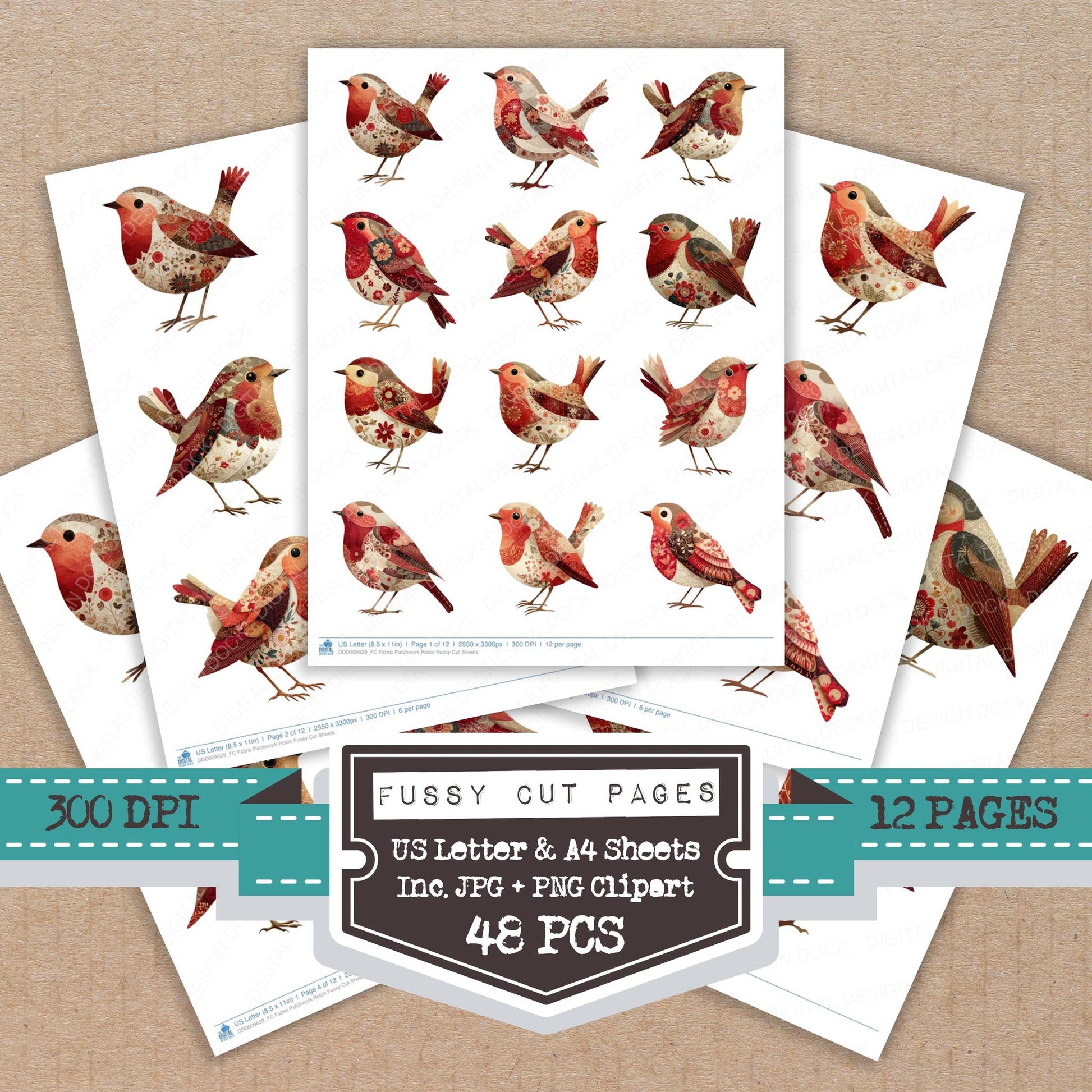 Fabric Patchwork Robin fussy cut printable sheets for junk journaling, scrapbooking, and paper craft projects