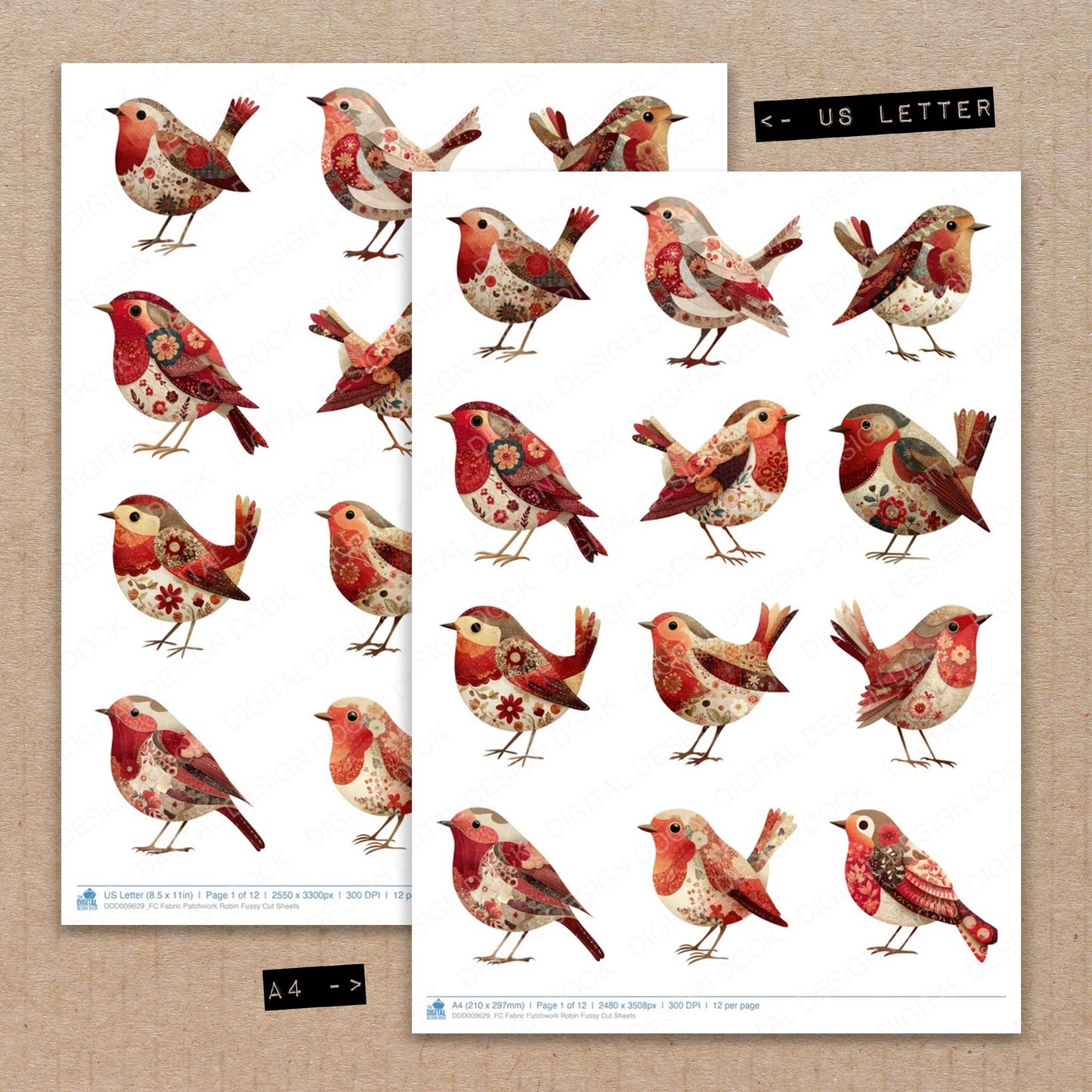 A4 and US Letter format comparison showing Fabric Patchwork Robin fussy cut pages for print and cut crafting