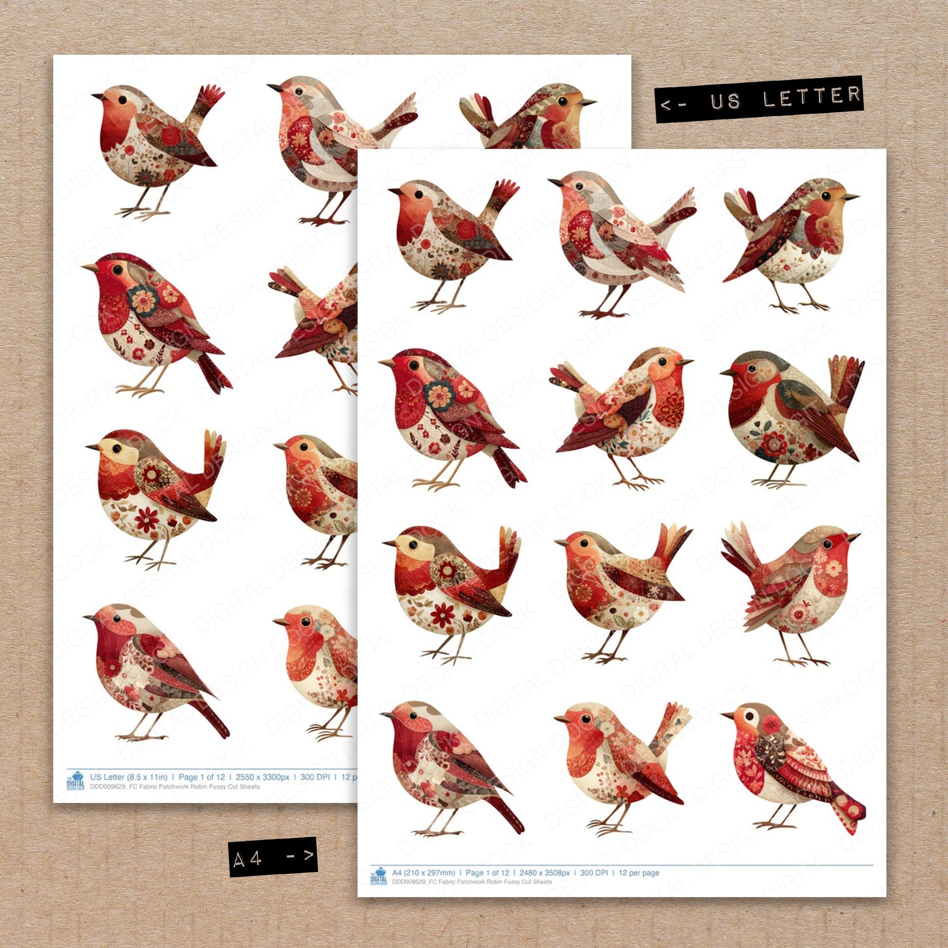 A4 and US Letter format comparison showing Fabric Patchwork Robin fussy cut pages for print and cut crafting