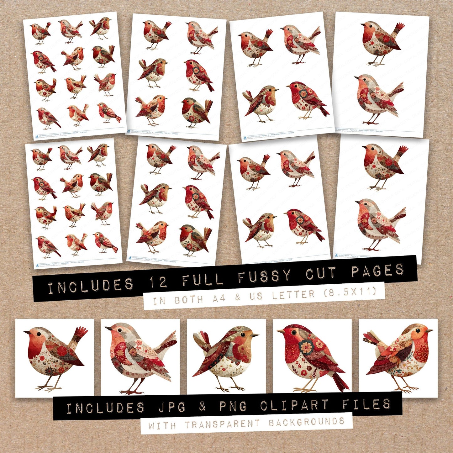 Full collection view of Fabric Patchwork Robin fussy cut sheets with bonus clipart JPG and PNG files