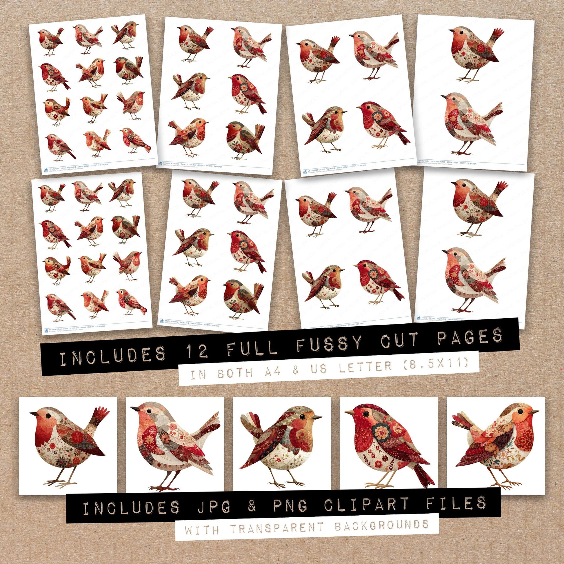 Full collection view of Fabric Patchwork Robin fussy cut sheets with bonus clipart JPG and PNG files