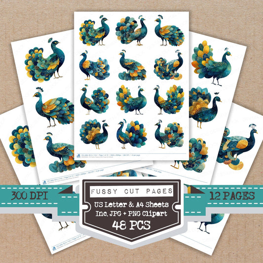 Fabric Peacock Bird fussy cut printable sheets for junk journaling, scrapbooking, and paper craft projects