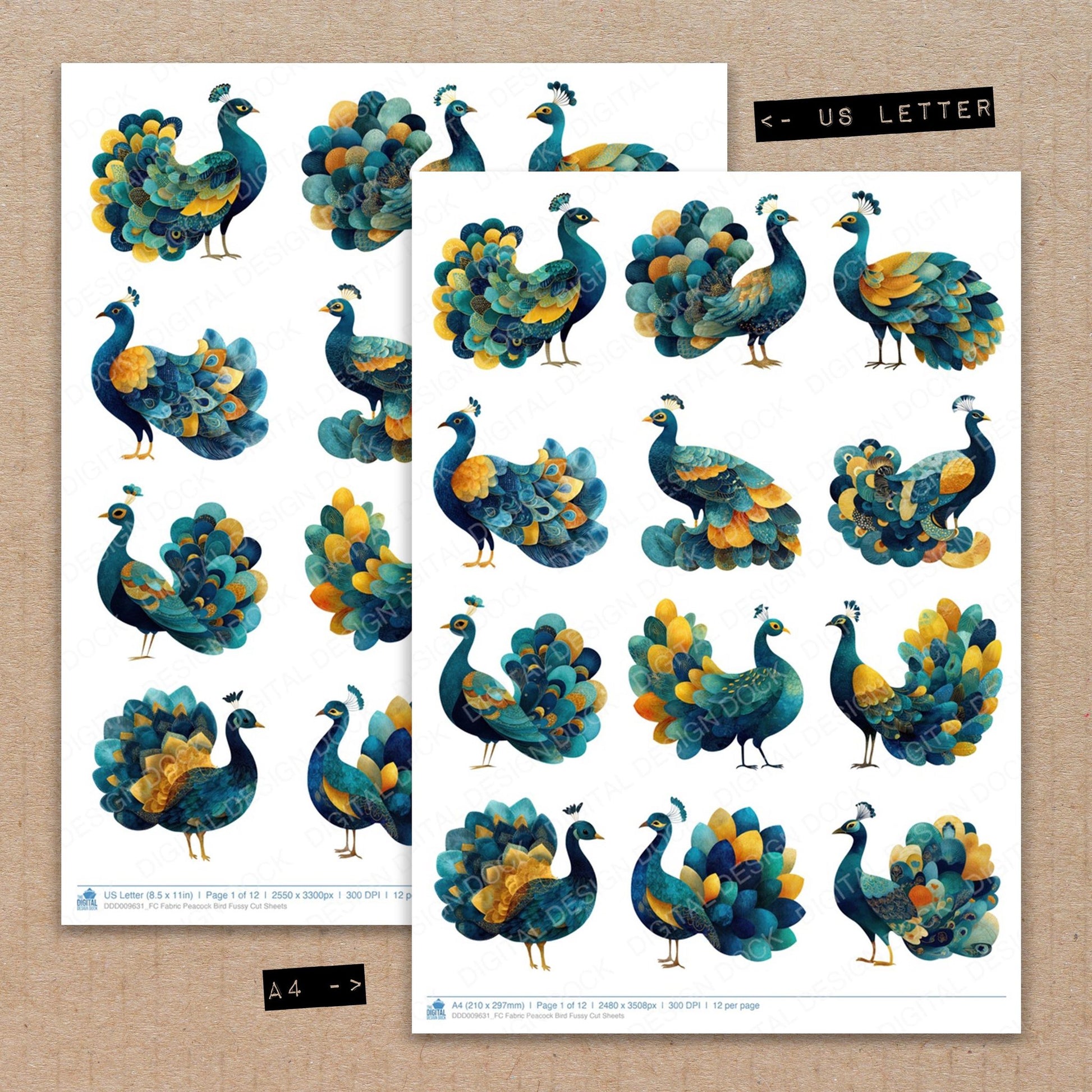 A4 and US Letter format comparison showing Fabric Peacock Bird fussy cut pages for print and cut crafting