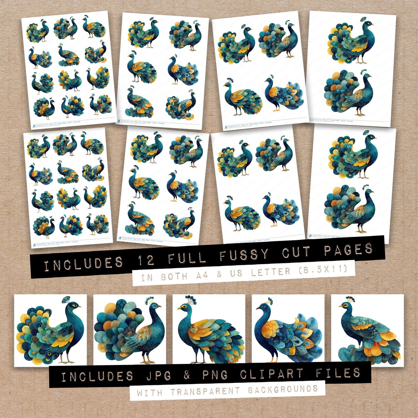 Full collection view of Fabric Peacock Bird fussy cut sheets with bonus clipart JPG and PNG files