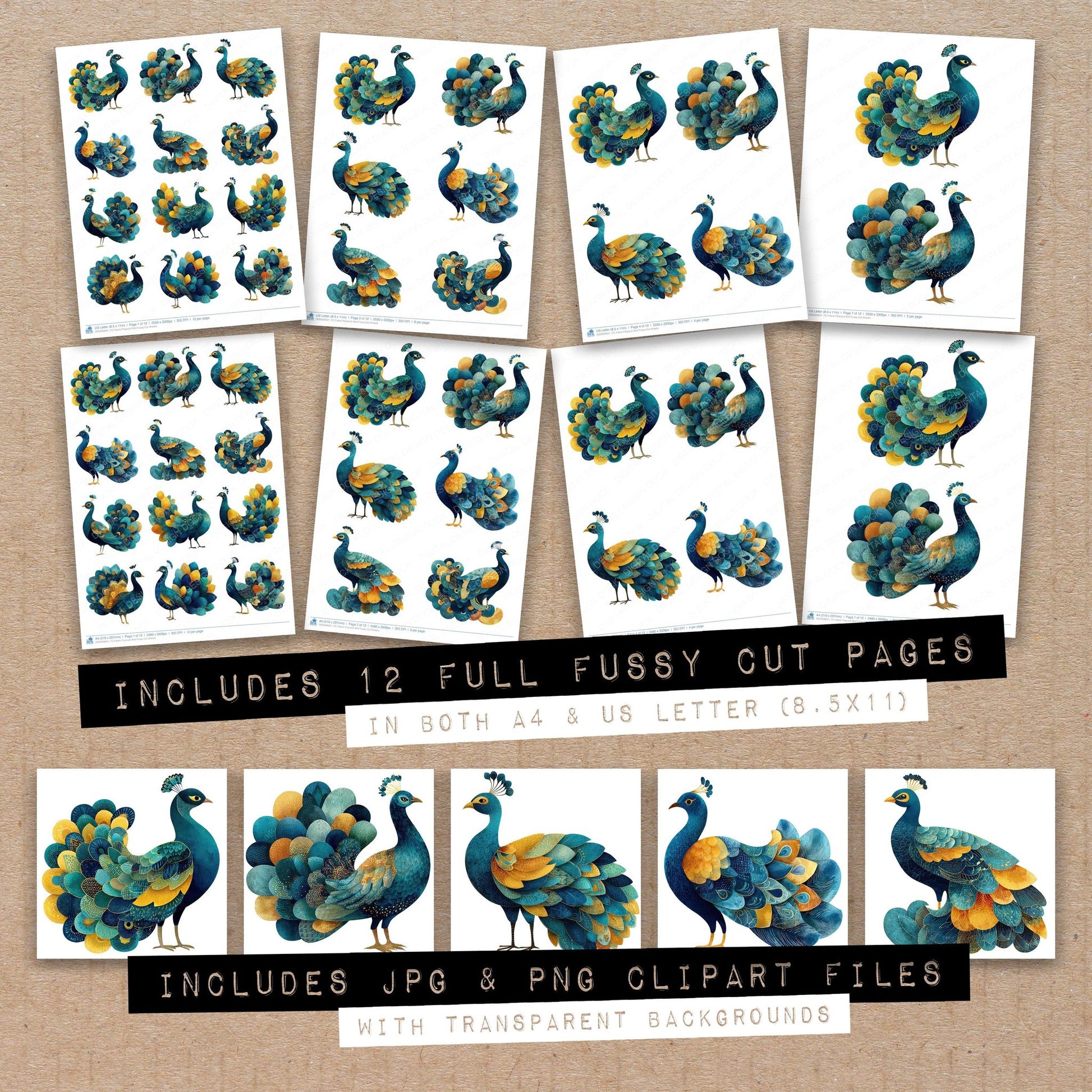 Full collection view of Fabric Peacock Bird fussy cut sheets with bonus clipart JPG and PNG files