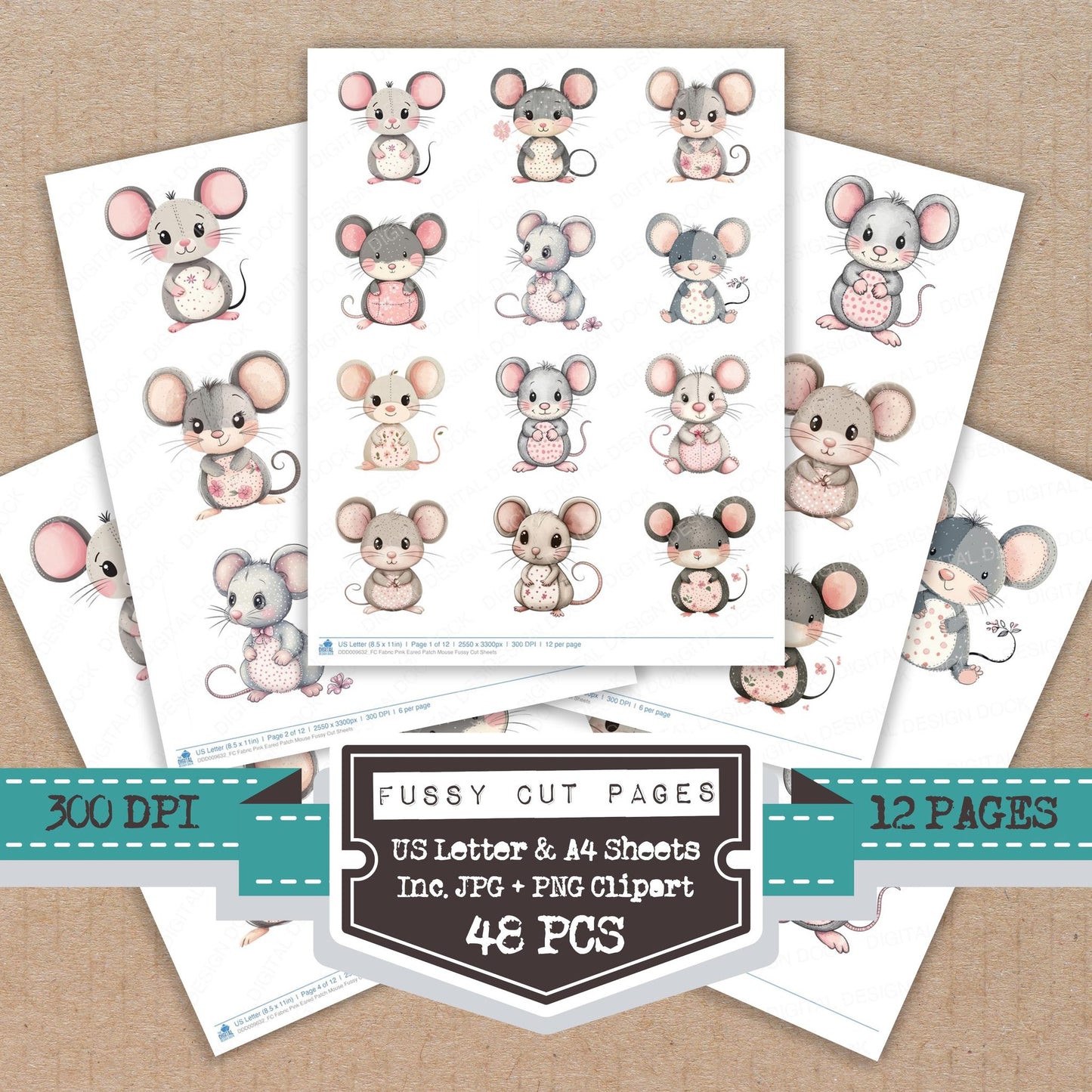 Fabric Pink Eared Patch Mouse fussy cut printable sheets for junk journaling, scrapbooking, and paper craft projects