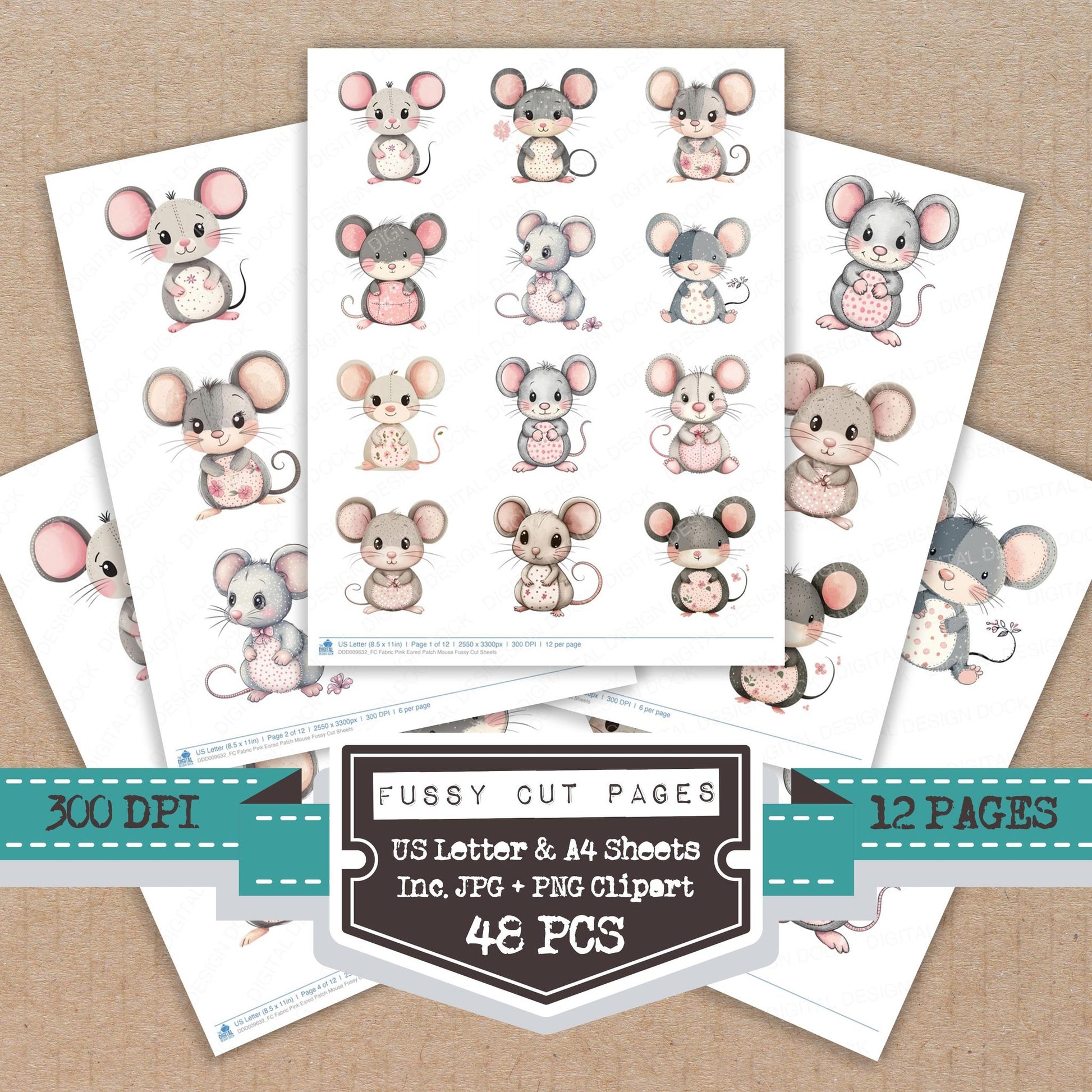 Fabric Pink Eared Patch Mouse fussy cut printable sheets for junk journaling, scrapbooking, and paper craft projects