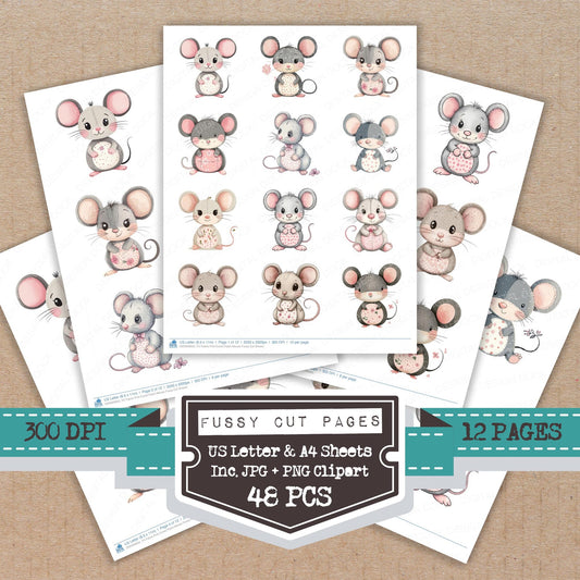 Fabric Pink Eared Patch Mouse fussy cut printable sheets for junk journaling, scrapbooking, and paper craft projects