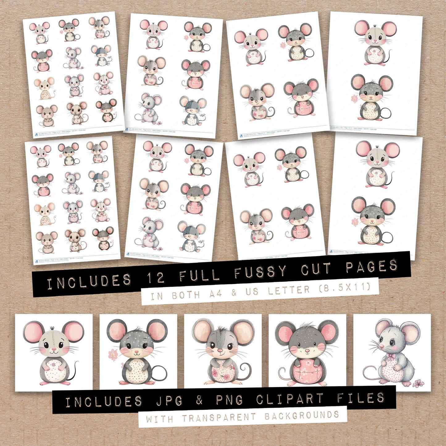 Full collection view of Fabric Pink Eared Patch Mouse fussy cut sheets with bonus clipart JPG and PNG files