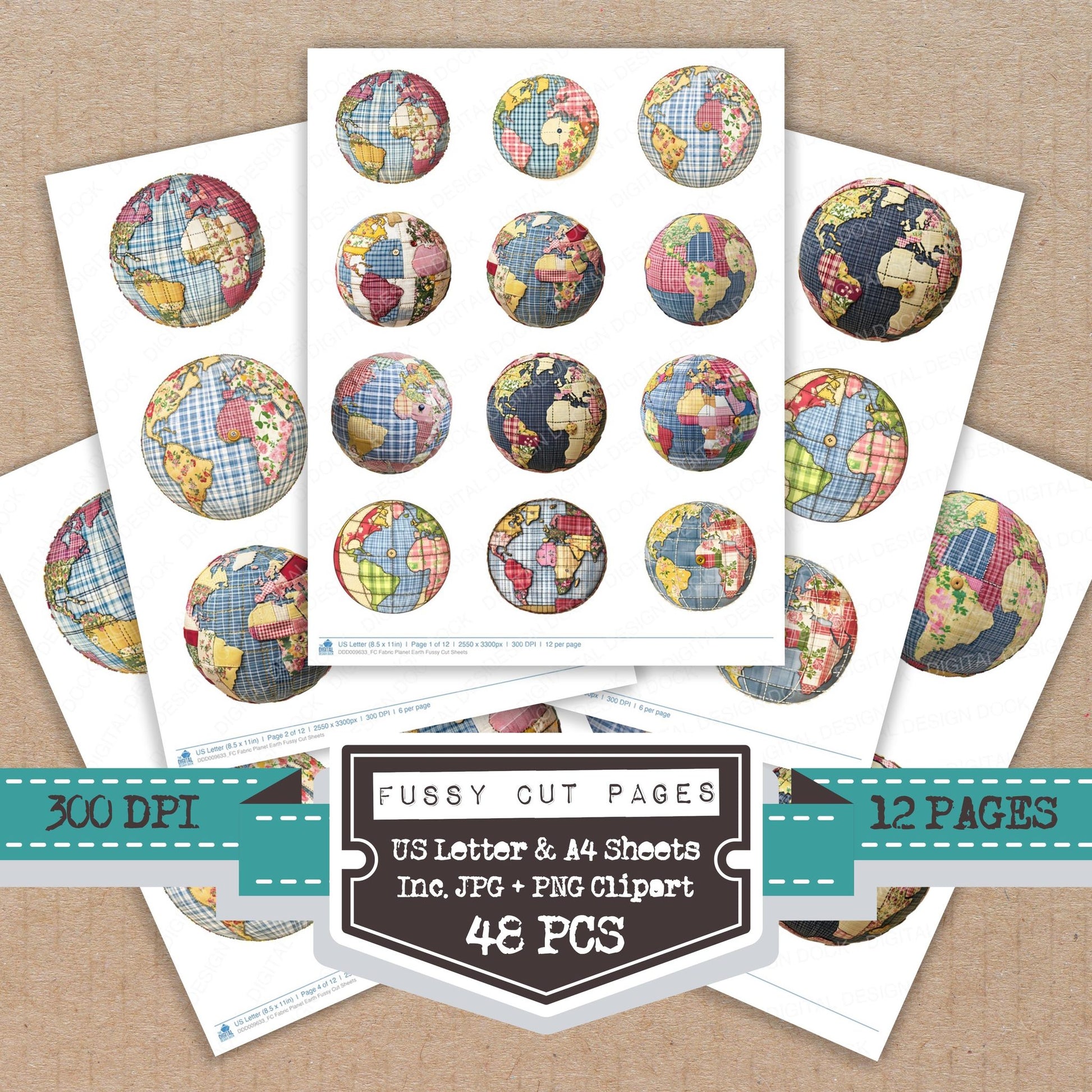 Fabric Planet Earth fussy cut printable sheets for junk journaling, scrapbooking, and paper craft projects