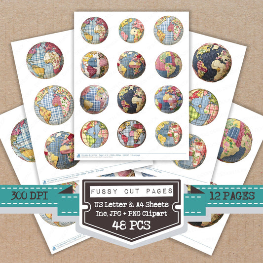 Fabric Planet Earth fussy cut printable sheets for junk journaling, scrapbooking, and paper craft projects