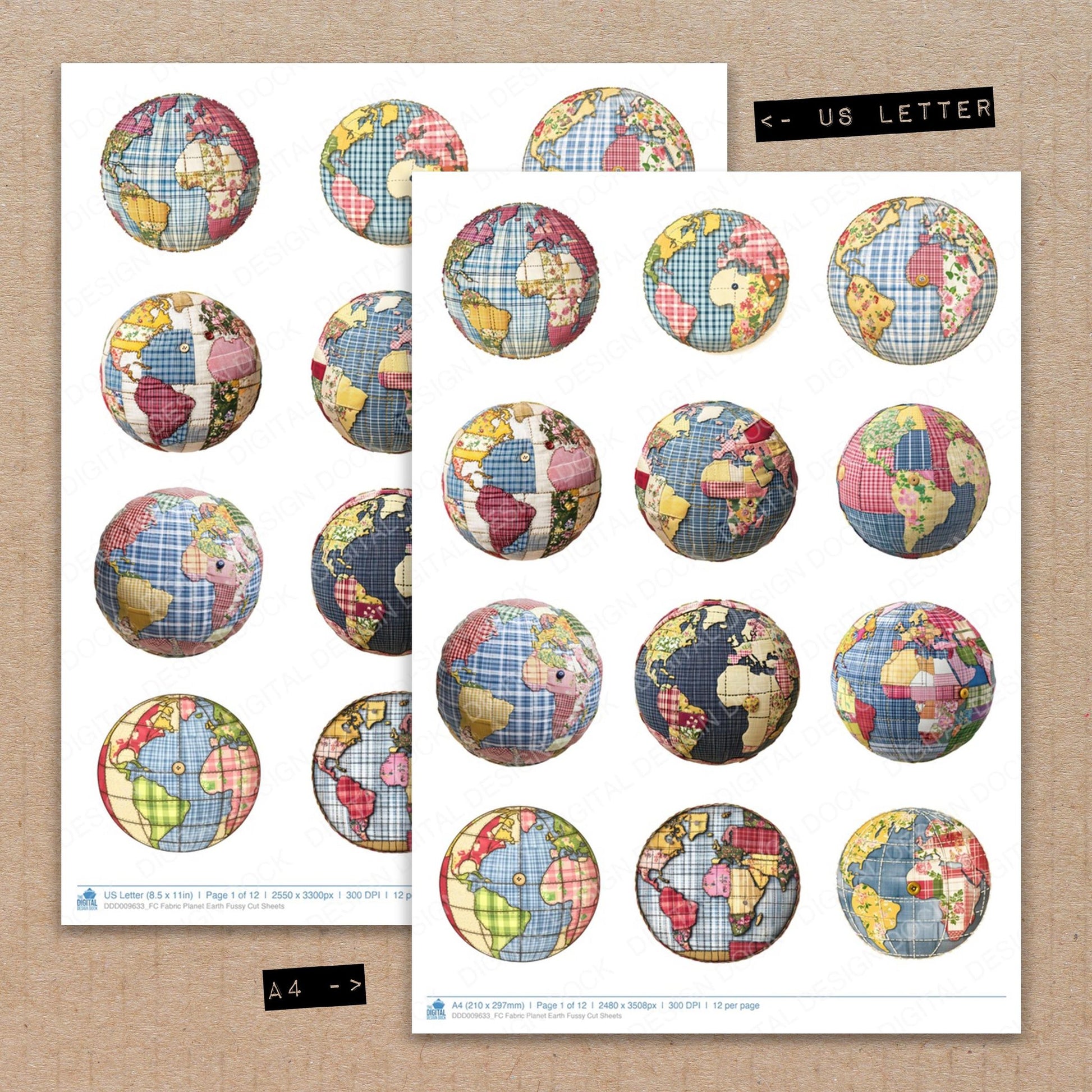 A4 and US Letter format comparison showing Fabric Planet Earth fussy cut pages for print and cut crafting