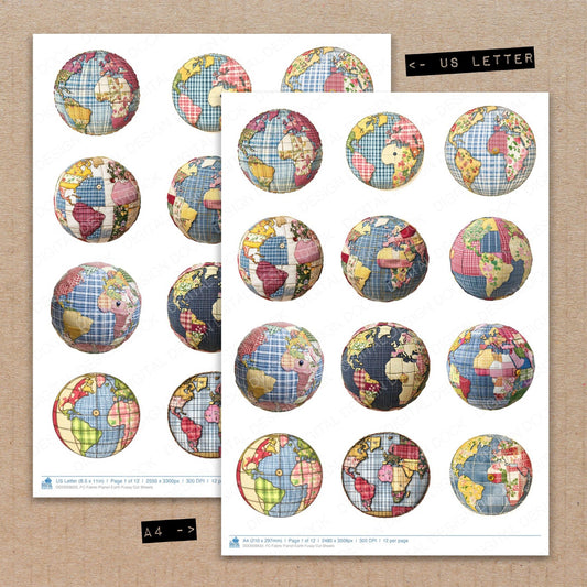 A4 and US Letter format comparison showing Fabric Planet Earth fussy cut pages for print and cut crafting