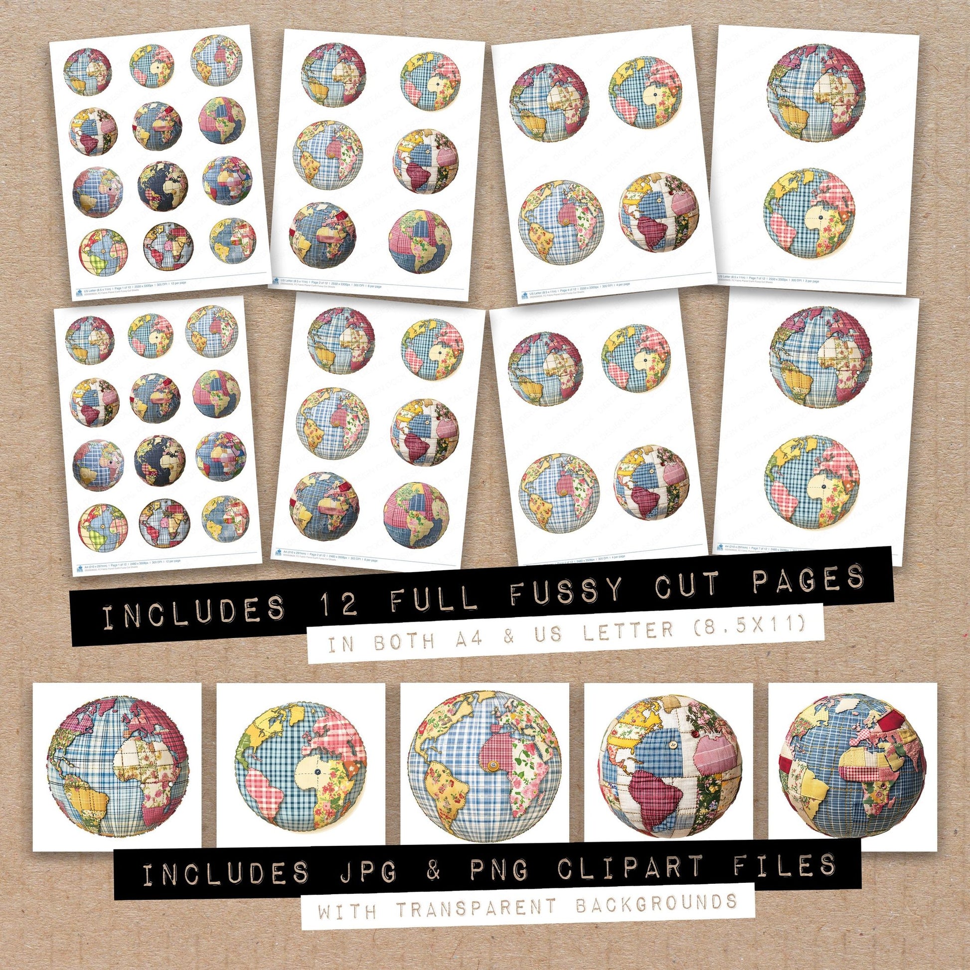 Full collection view of Fabric Planet Earth fussy cut sheets with bonus clipart JPG and PNG files