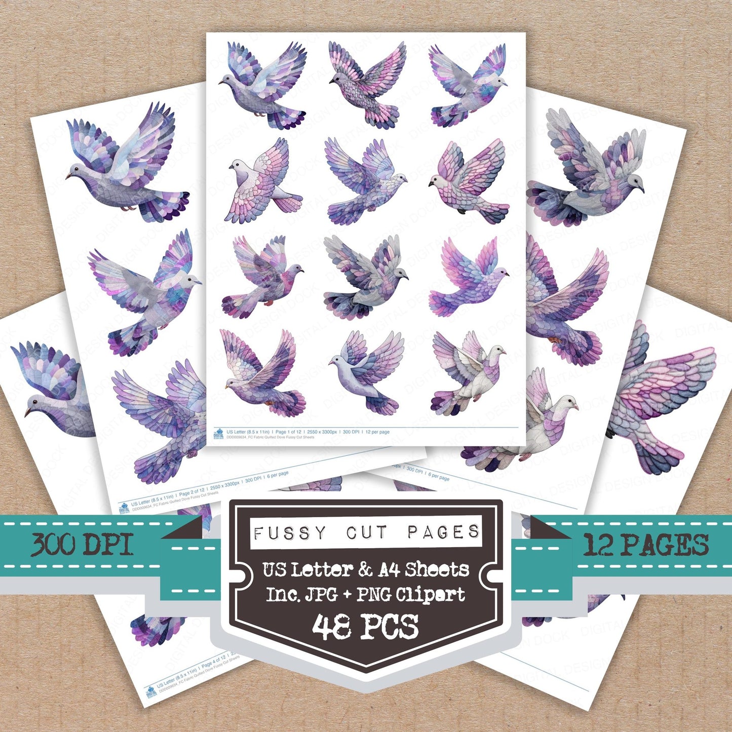 Fabric Quilted Dove fussy cut printable sheets for junk journaling, scrapbooking, and paper craft projects
