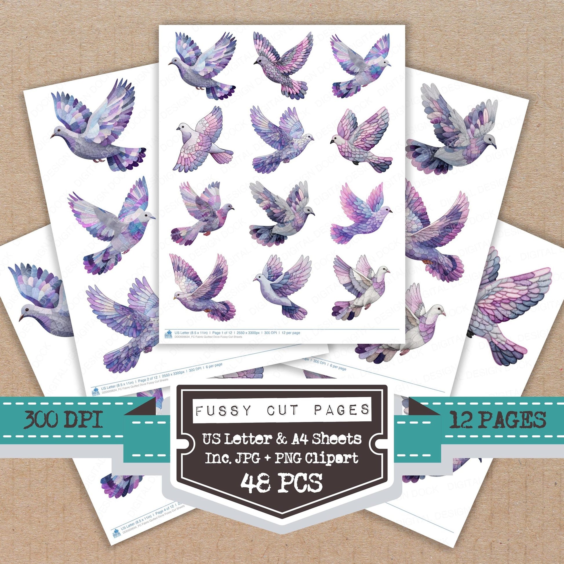 Fabric Quilted Dove fussy cut printable sheets for junk journaling, scrapbooking, and paper craft projects