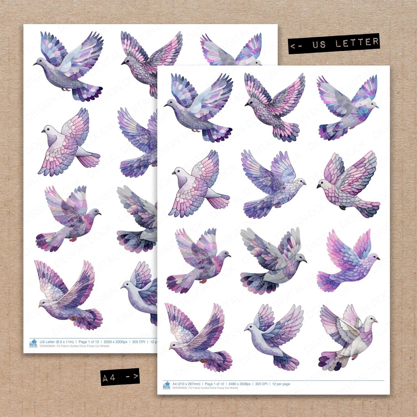 A4 and US Letter format comparison showing Fabric Quilted Dove fussy cut pages for print and cut crafting