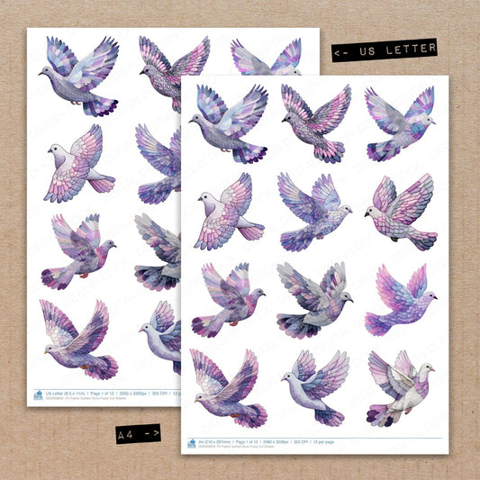A4 and US Letter format comparison showing Fabric Quilted Dove fussy cut pages for print and cut crafting