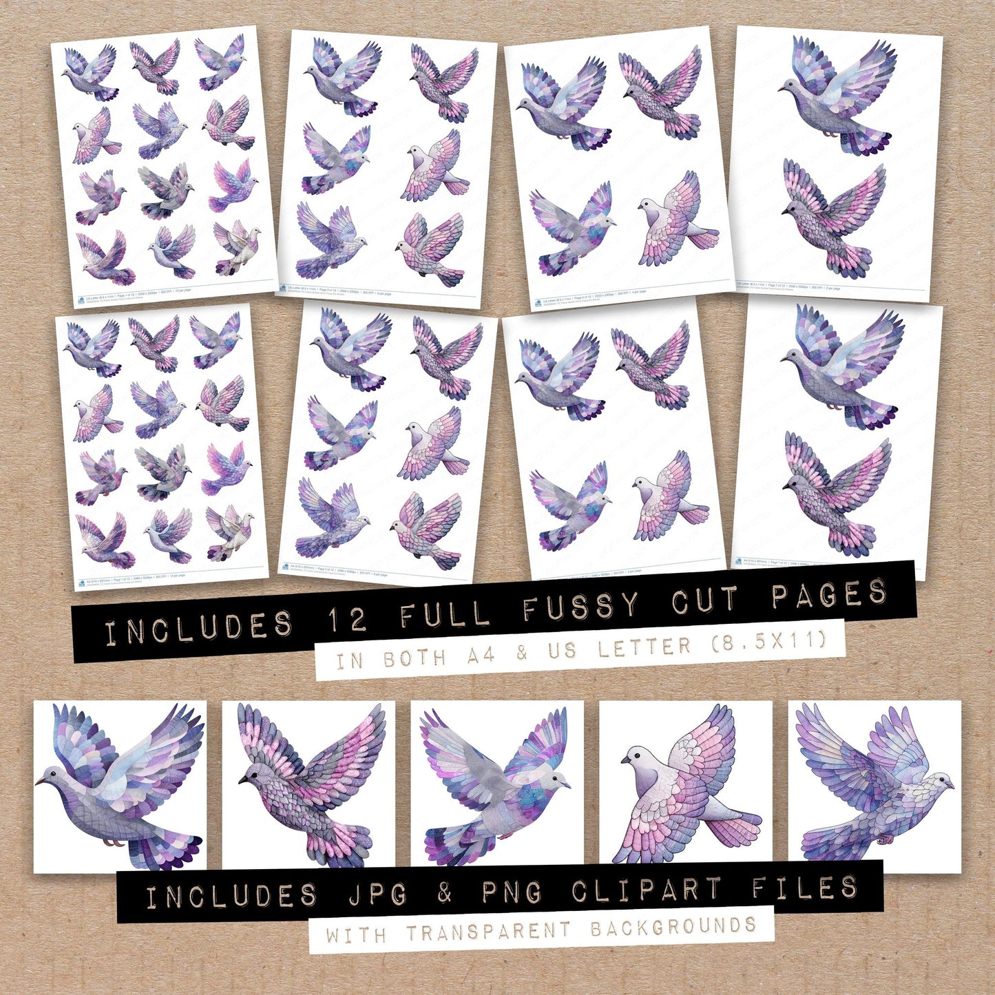 Full collection view of Fabric Quilted Dove fussy cut sheets with bonus clipart JPG and PNG files