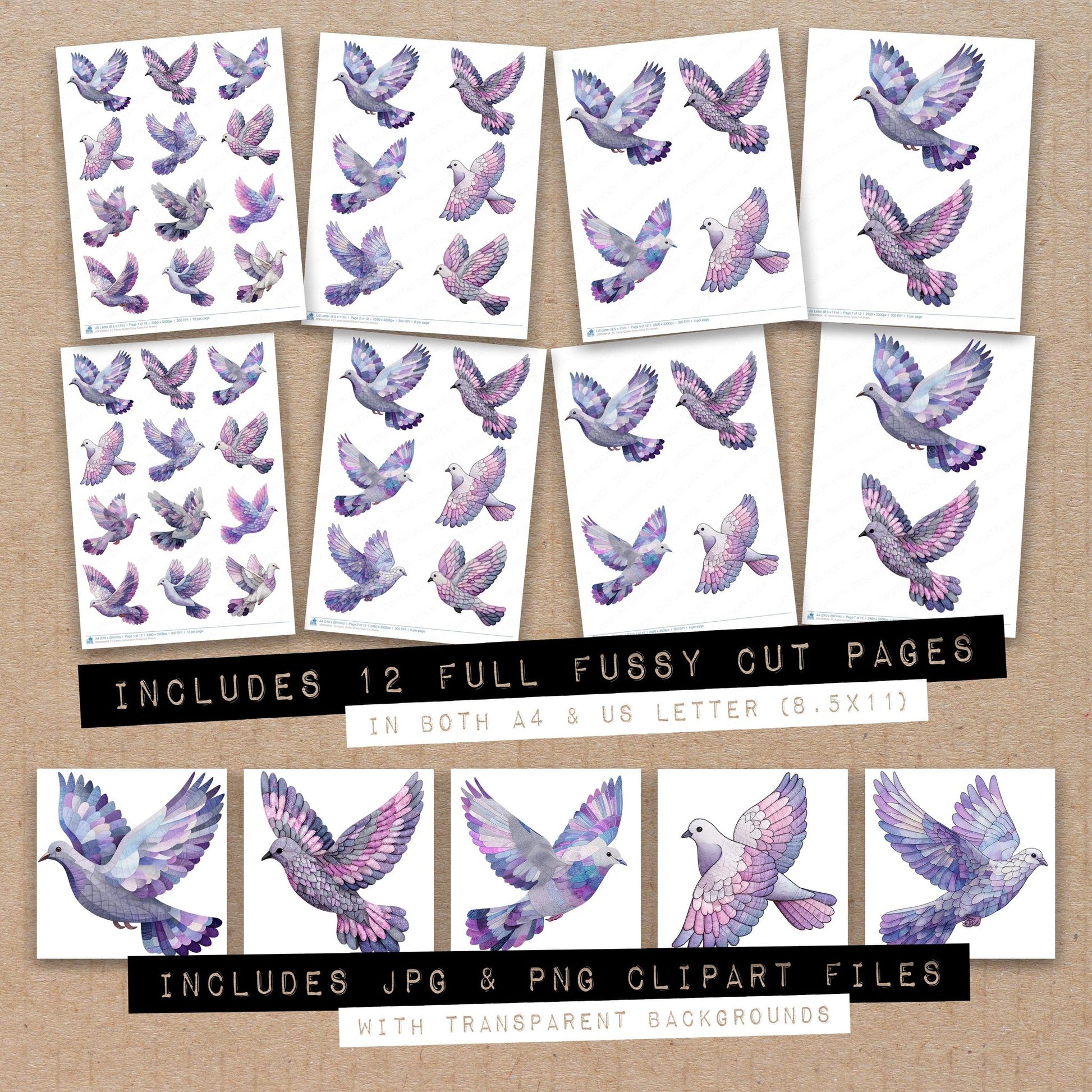 Full collection view of Fabric Quilted Dove fussy cut sheets with bonus clipart JPG and PNG files