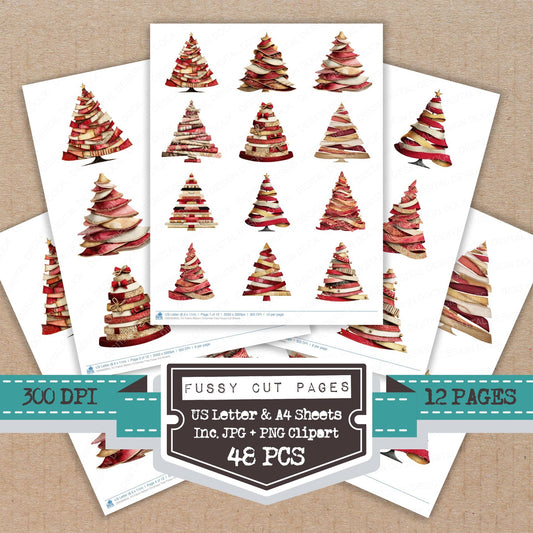 Fabric Ribbon Christmas Tree fussy cut printable sheets for junk journaling, scrapbooking, and paper craft projects