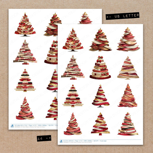 A4 and US Letter format comparison showing Fabric Ribbon Christmas Tree fussy cut pages for print and cut crafting