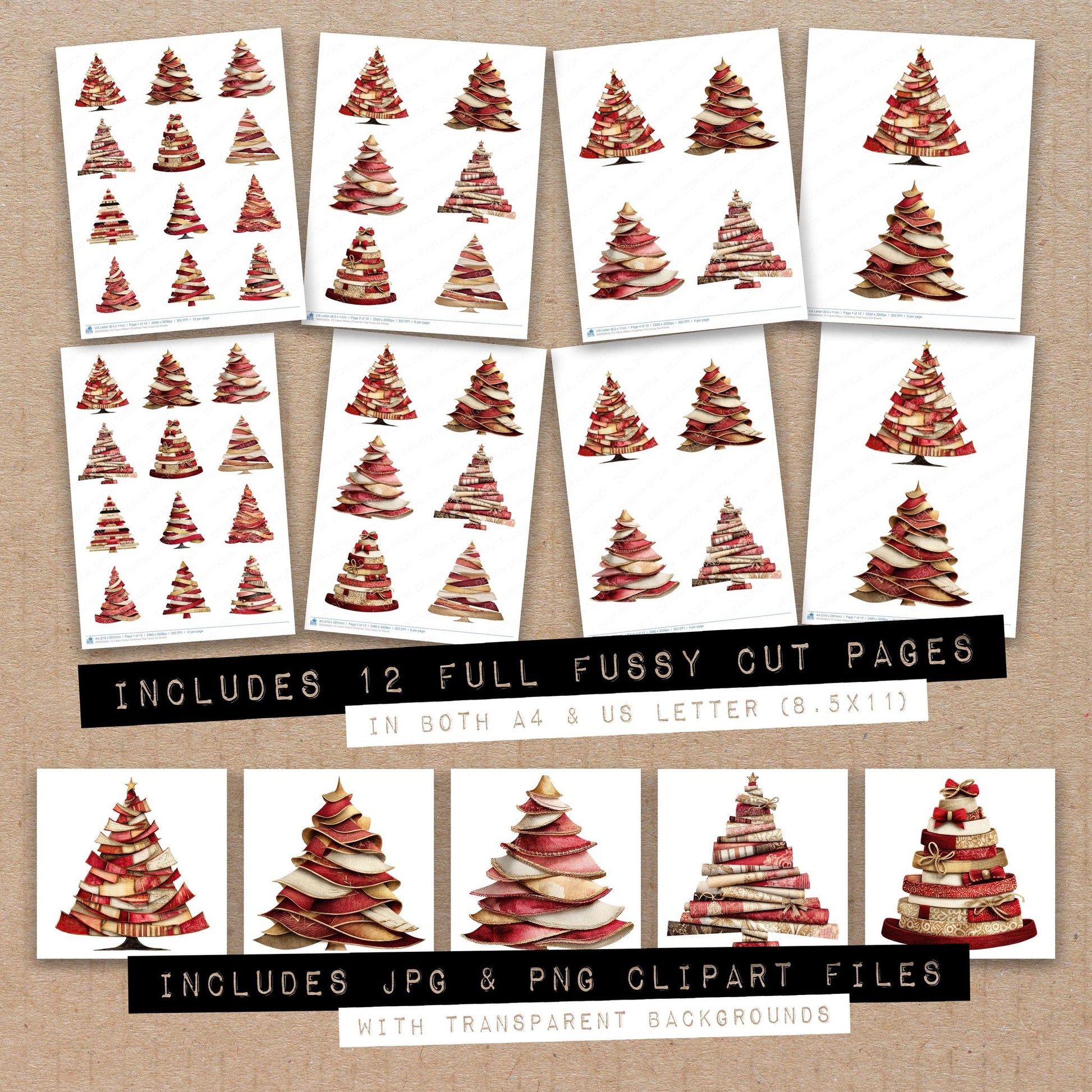 Full collection view of Fabric Ribbon Christmas Tree fussy cut sheets with bonus clipart JPG and PNG files