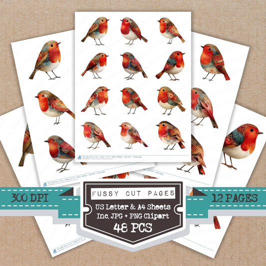 Fabric Robin Bird fussy cut printable sheets for junk journaling, scrapbooking, and paper craft projects