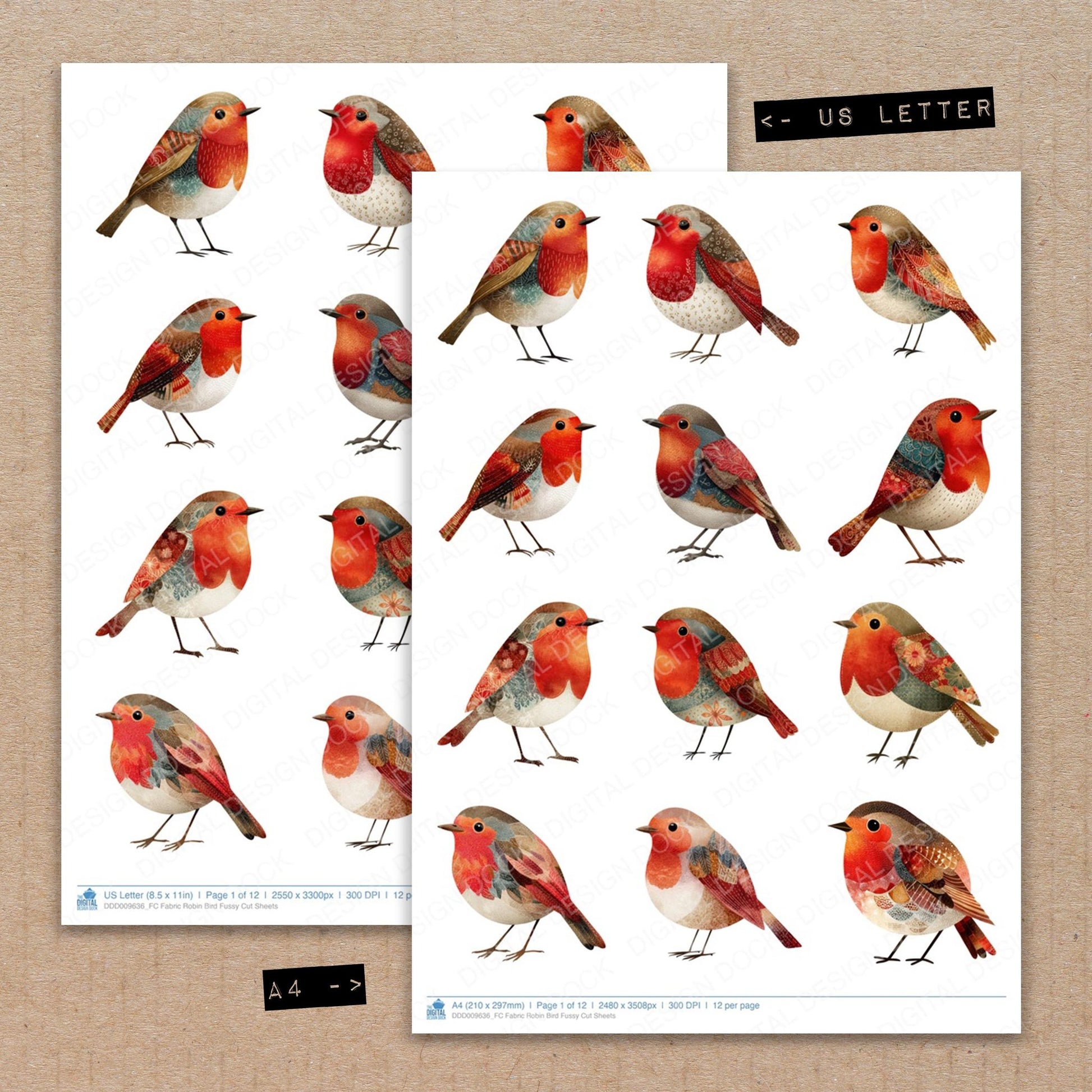 A4 and US Letter format comparison showing Fabric Robin Bird fussy cut pages for print and cut crafting