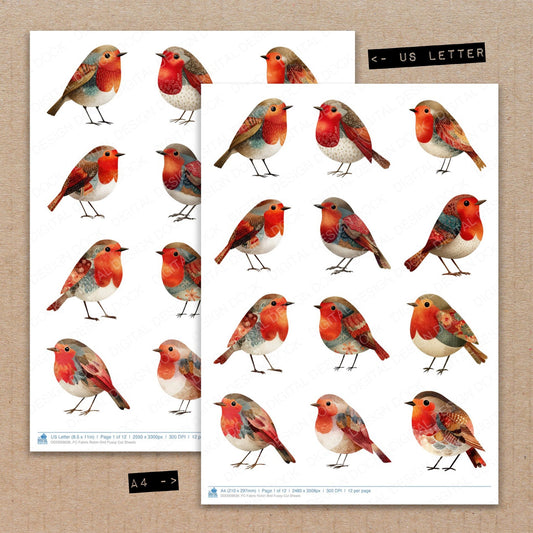 A4 and US Letter format comparison showing Fabric Robin Bird fussy cut pages for print and cut crafting