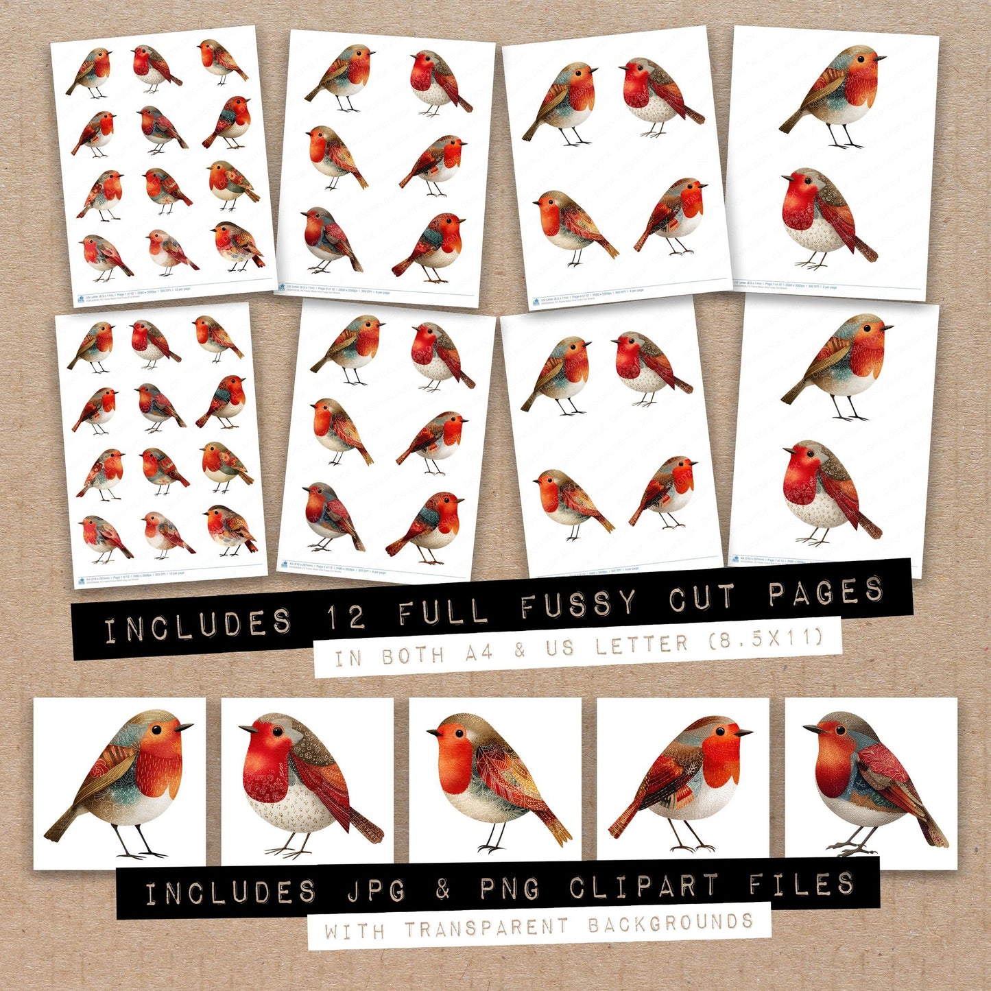 Full collection view of Fabric Robin Bird fussy cut sheets with bonus clipart JPG and PNG files