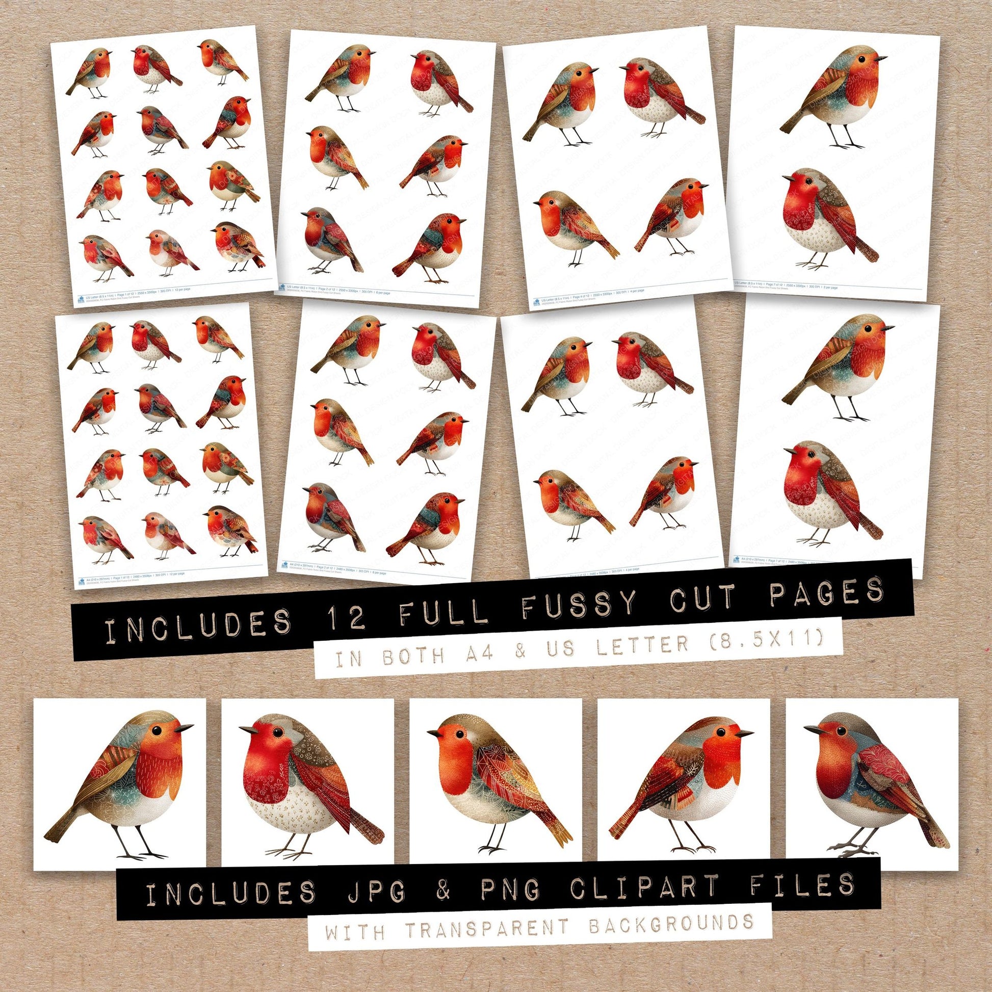 Full collection view of Fabric Robin Bird fussy cut sheets with bonus clipart JPG and PNG files