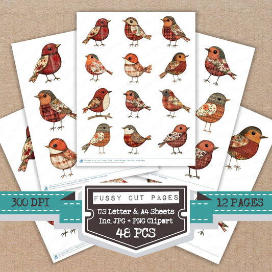 Fabric Robin in Checkered Fabric fussy cut printable sheets for junk journaling, scrapbooking, and paper craft projects
